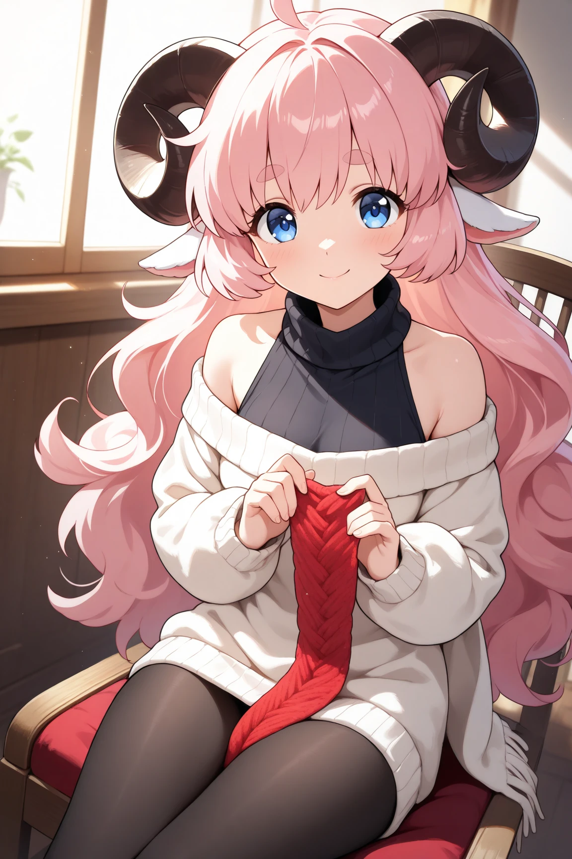 (masterpiece, best quality, extremely detailed, absurdres, very aesthetic), dutch angle, cowboy shot, (highly detailed background, lighting), (sheep girl\super detailed skin, detailed beautiful face and eyes, Big and soft anime eyes, Thick eyebrows:1.1,Fluffy long hair like a sheep's wool, pink hair, Each and every strand of hair is depicted in detail, Sheep's round horns, She is sitting on a chair and knitting a scarf using a Lillian needle., smile), (Knee-length one-piece sweater, Shoulders are exposed, Black tights) BREAK Natural elements, fantastical features, light and shadow effects, color and atmosphere