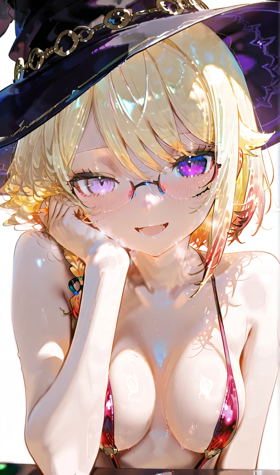 ultra detailed, best quality, high resolution, ((8k)), ((1 )), pale skin, petite, (glossy blonde hair:1.5), (very short hair), (ahoge:1.5), (glasses), pointy ears:1.3, (blush:1.5), blue eyes, ((large breasts)), (((face:1.5))), ((single short braid:0.8)), (wavy mouth:1.3), ((open mouth:1.5)), ((hair ribbon)), nsfw, ((all nude:1.3)), ((forehead:1.3)), (((cum on breasts:1.3))), (beach), breast grab, leaning forward