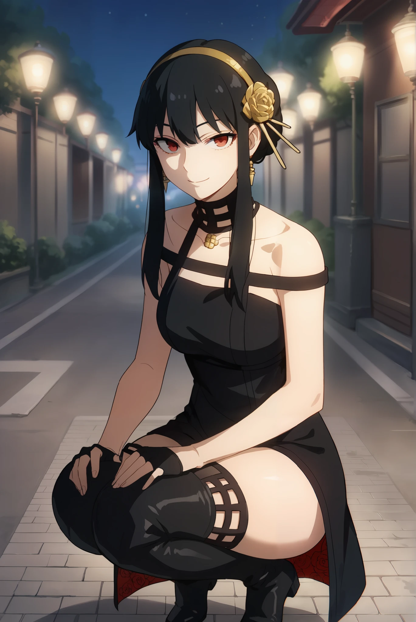 score_9, score_8_up, score_7_up, score_6_up, score_5_up, score_4_up, BREAK source_anime, 1girl, solo,
ChopioYor, black hair, red eyes, gold earrings, looking at viewer,
short hair with long locks, sidelocks, hair ornament, gold hairband,
medium breasts, (thick thighs:0.8),
outfit_3, necklace, bare shoulders, black dress, rose print, two-sided dress, two-sides fabric, black fingerless gloves, black thigh boots,
outdoors, night, dark, akihabara \(tokyo\), lamppost, seductive smile, squatting, legs together,