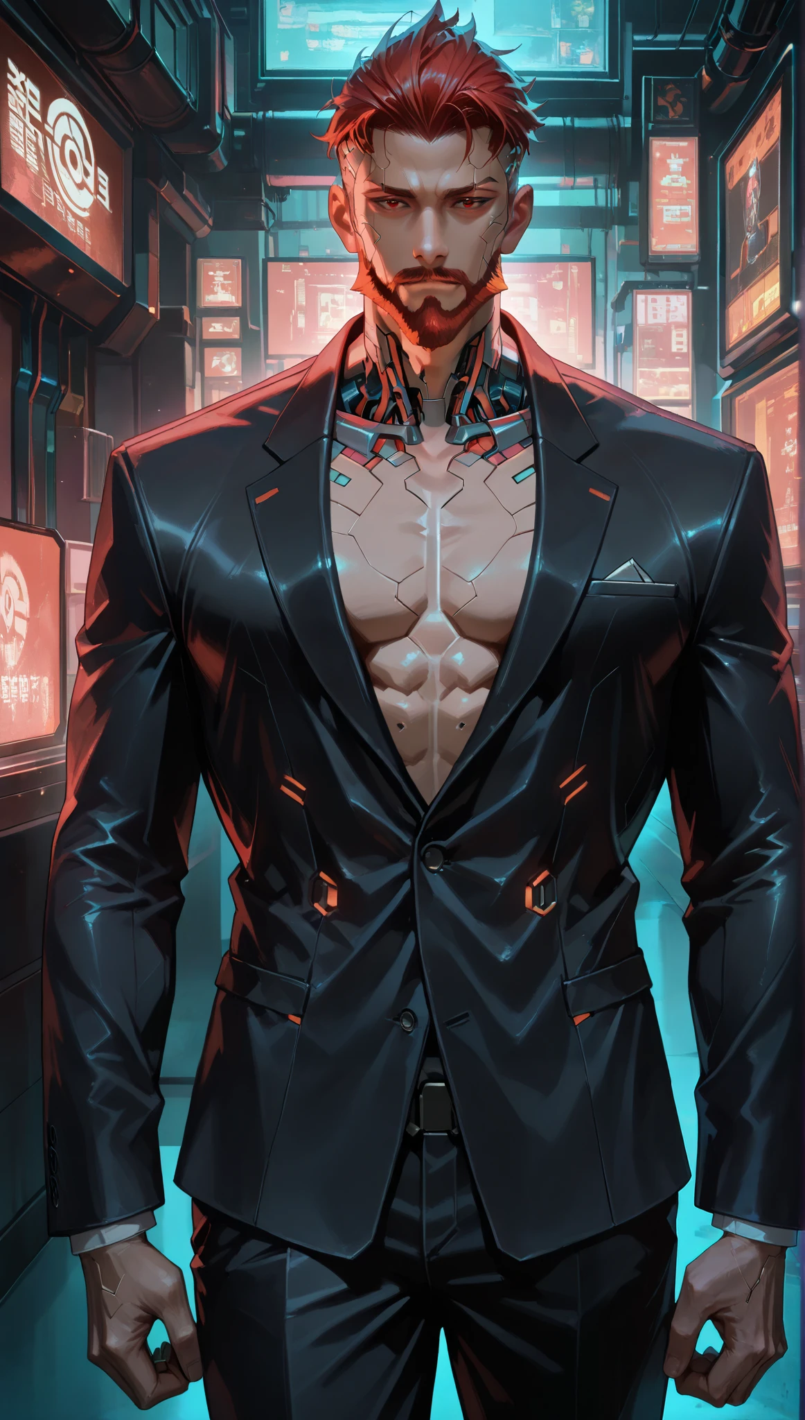very aesthetic, 걸작, 고해상도, 8k 해상도, 매우 상세한, best_quality, finely_detailed_eyes_and_detailed_face, 1 남성, (cyberpunk, cyberware, cybernetic lines, edgerunners), red_hair, red_mustache, red_beard, red_eyebrows, slicked_back, black suit, long_sleeves, looking at viewer, (cyberpunk room),straight-on, front_view, cowboy_shot, cinematic_lighting, (masculine), big stature, muscular