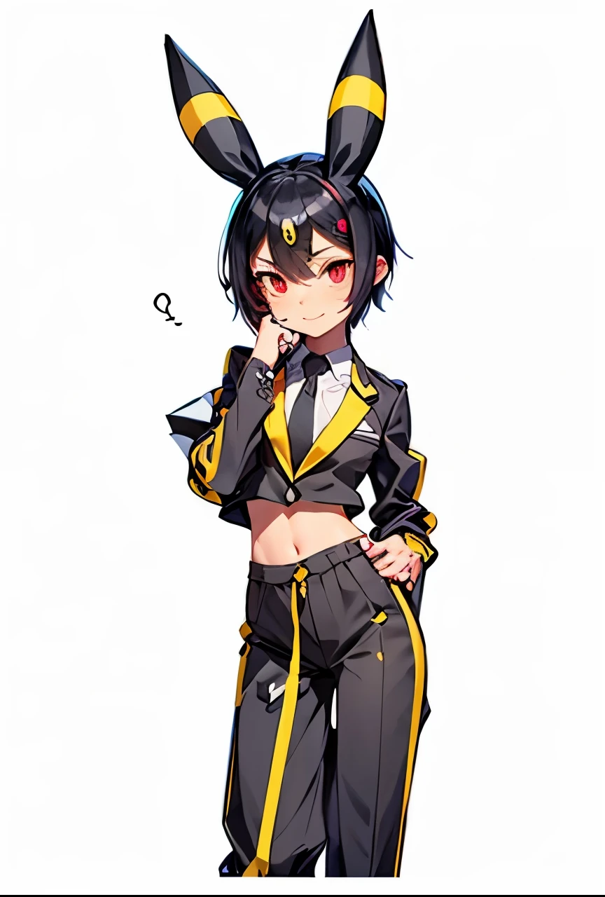 A girl with red eyes, Umbreon ears with a horizontal yellow stripe in the middle, jet-black hair with pixie cut and seductive smile , wearing a black business suit , White shirt, black pants, black jacket and pastel pink tie , Everything fits the body and highlights its curves. She has a flat chest, Small hips and small waist , but a well-trained butt .
