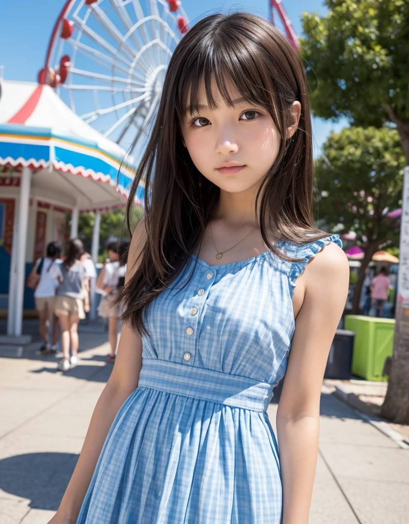 (((masterpiece))), ((photo realistic:1.55)), full body, Japanese girl,,((broad jawline)),puffy face, twin braids, light brown hair,((messy hair)),Light blue tiered mini dress, laugh out, street, from bottom