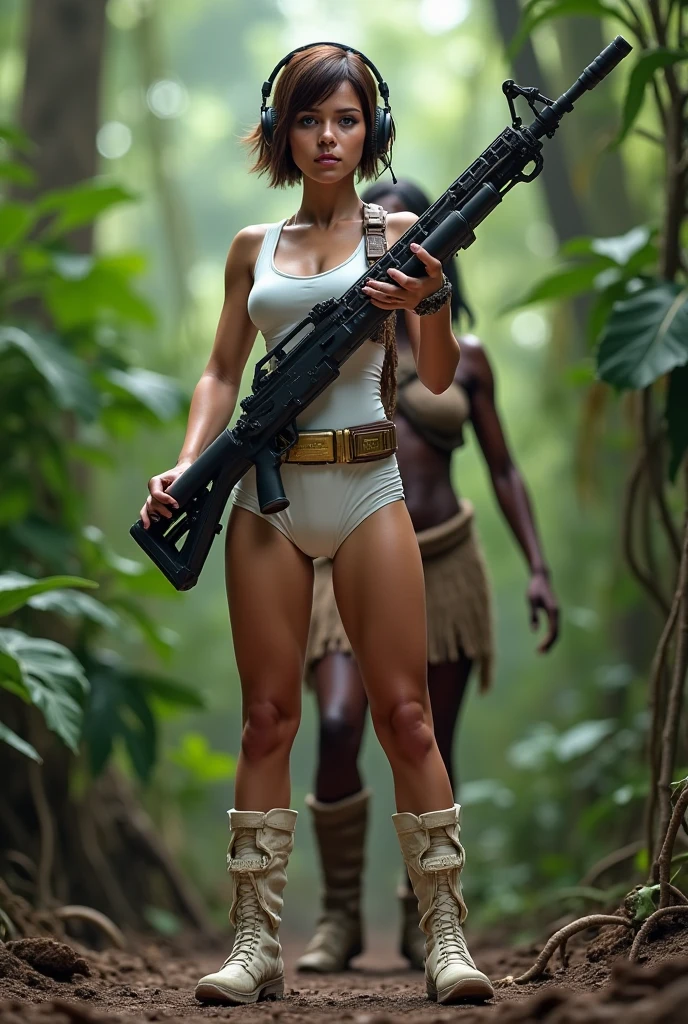 Masterpiece, 54 year old woman, gray hair, fur bikini, holding a spear and wooden shield, wet skin, fit, standing in a field of destroyed robots and machine parts, realistic