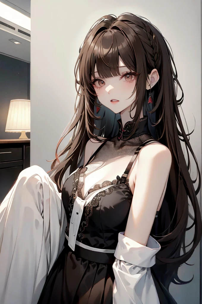 1girl, beautiful black dress, lolita style, lace, cleavage, tying a hair, in the room with a window, legs