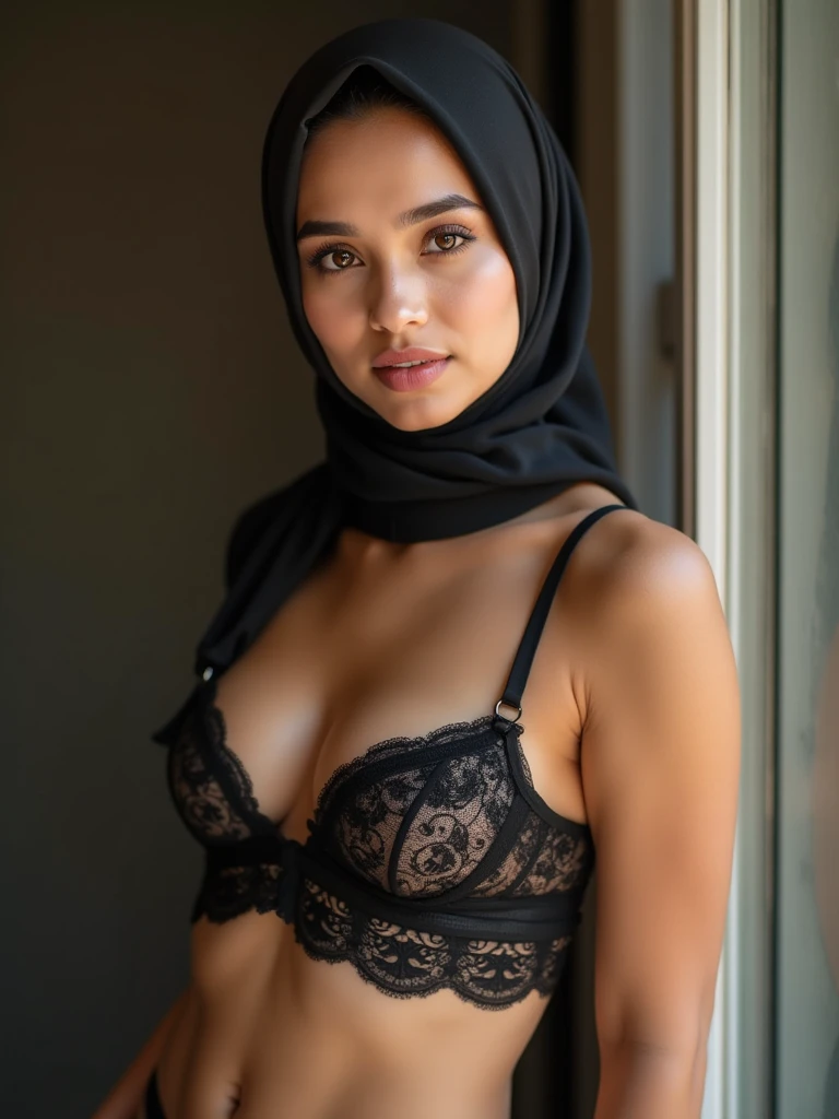 malaysian hijab, upper body close up, bra, lingerie