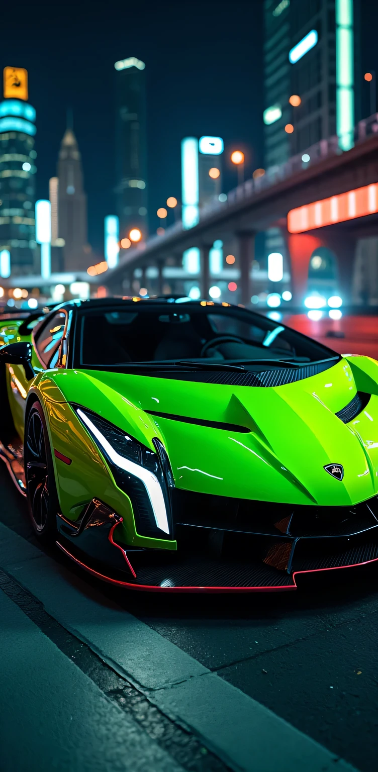 Create an ultra-detailed 3D rendering of a modern Lamborghini Veneno with a bold design!: A night show in the city
**color:**
* **Intense shade :** Bright metallic lime green (# 33CC33 ) with details in matte black .
* **glow:** high, with a touch of depth and complexity , shiny and lustrous effect .
* **paint:** Metallic with a " chameleonic " that changes tone depending on the angle of light .
**Design:**
* **form:** Aerodynamic and aggressive , with pronounced angular lines and curves , rendered in high resolution , like a masterpiece in UHD .
* **style:** Sporty and extreme , with a touch of sophistication and exclusivity .
* ** details :** Slim and modern LED lights , adjustable rear spoiler , 20 inch alloy wheels.
** inner:**
* **color:** Matt black leather (#000000) with carbon fiber .
* **material:** high quality leather, carbon fiber and aluminum .
* **Design:** Minimalist and functional , with a focus on comfort and .
**bridge:**
* **material:** steel and concrete .
* **Design:** Modern and aerodynamic , with clean and minimalist lines .
* **vista:** Night city view , with illuminated buildings and neon lights that reflect in the water .
**city:**
* ** buildings :** Modern and contemporary , with innovative designs and sustainable materials .
* ** Lighting:** Bright and vibrant , with a variety of colors and textures .
* ** Environment:** Dynamic and exciting , with a fast pace and a sense of energy and movement .
