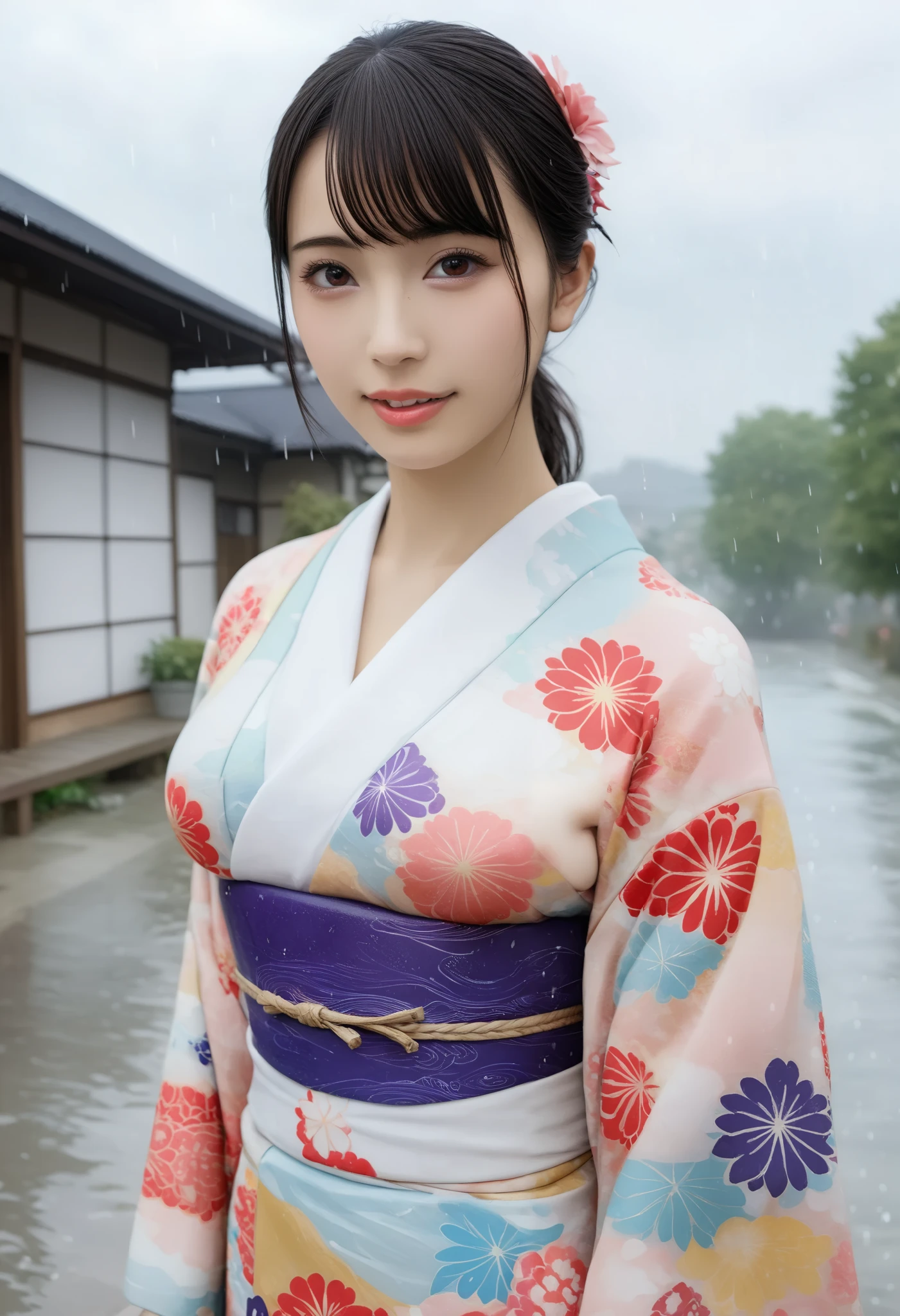  BEST QUALITY 、 high quality 、 highest resolution、 high resolution、8K quality、 high definition 、 Best Quality、  Masterpiece 、 movie-like images、 Immersive Footage 、 Very realistic looking image 、 realistic image 、  perfect detail 、  high contrast 、High fidelity、 Perfect photo、Close to reality、  images reproduced in detail 、Detailed and realistic human body、Detailed and realistic human skin、 Detailed and realistic face、Detailed and realistic eyes、 Realistic lips drawn in detail 、 detailed and realistic teeth、Realistic ears、 Realistic hair 、Detailed and realistic breasts、detailed realistic nipples、 realistic areolas in every detail  、 Detailed and realistic nipples、Detailed and realistic female genitalia、Detailed and realistic vagina、Detailed clitoris、 realistic labia minora down to the smallest detail 、 realistic anus drawn down to the smallest detail  、Realistic urethra down to the details 、Hairy pubic part :1.2、(( Japanese model))､(( adult woman))、((Mature Woman))、((Adult face))、(( black hair))、((Big Breasts))、(( slim, perfectly mature body ))、((Full body glossy skin))､((Traditional Japanese Garden))、((Rain clouds spreading across the sky))、((Heavy rain weather))､(( downpour))、((Stormy wind and rain))、(((Colorful floral pattern( see-through kimono )))、(((Colorful floral pattern(Clear Vinyl Kimono )))､((( downpourの中でリラックス( beautiful posture)))、((( Wet Skin from Head to Feet )))、((Rain dripping from a kimono ))、((( Her body lines are clearly visible from under the wet kimono)))､(( subject close-up))