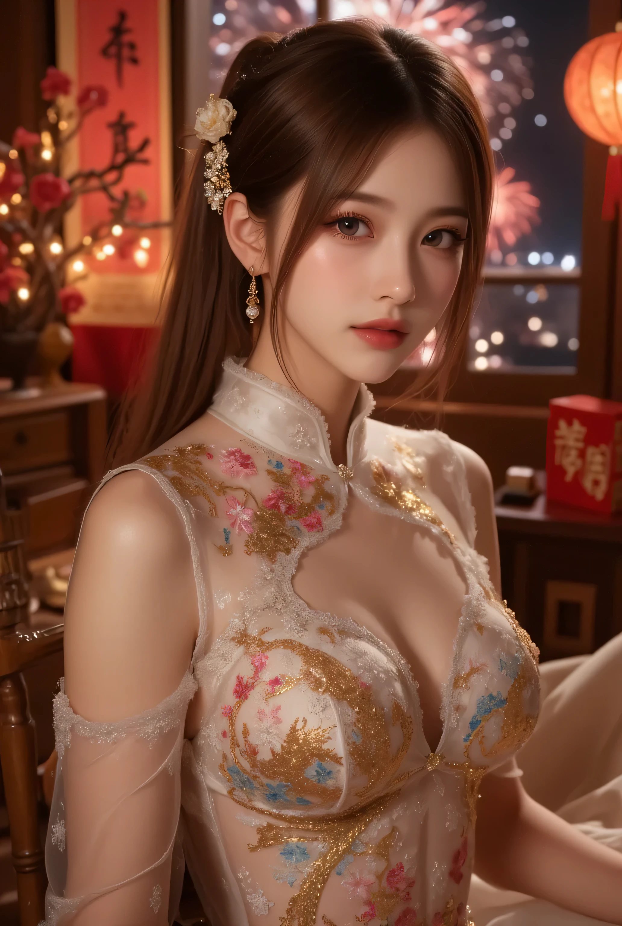 Cat ears、 face up, attractive, pretty girl, ponytail、few beautiful lady hair decorations, (( fine facial features , eroticism)), dramatic lighting , realistic , 8k, Dramatic Shadows , intricate and elaborate patterns , super detailed photo , chiaroscuro lighting , Pleasant colors , deep contrast , super real 、 pink lipstick、 warm room、Vintage Fireplace 、 cinematic composition、Close-up of face, pretty half part transparent open shoulder loose outfits dress, tang style, A beautiful Korean idol wearing a one piece red-transparent-black-silver-go;d-purple-green shinning tightly cheongsam with phoenix and intricate floral golden embroidery, golden and silver outline on dress, standing gracefully in a room filled with traditional Chinese New Year decorations. The room features vibrant red lanterns, decorative calligraphy scrolls, a small Chinese orange tree with golden ornaments, and several red envelopes scattered across the floor and hanging from the tree. Adorable, playful cats are part of the scene—some sitting near the tree, others curiously pawing at the red envelopes or lounging around. Through a window or an open door in the background, vibrant Chinese fireworks light up the night sky in an array of reds, golds, and blues, casting a magical glow into the room. The idol’s outfit is paired with subtle accessories like red hairpins or earrings, complementing the festive look. The atmosphere is warm and lively, filled with the joyful essence of the celebration, enhanced by the shimmering lights of the fireworks and the lively decor.