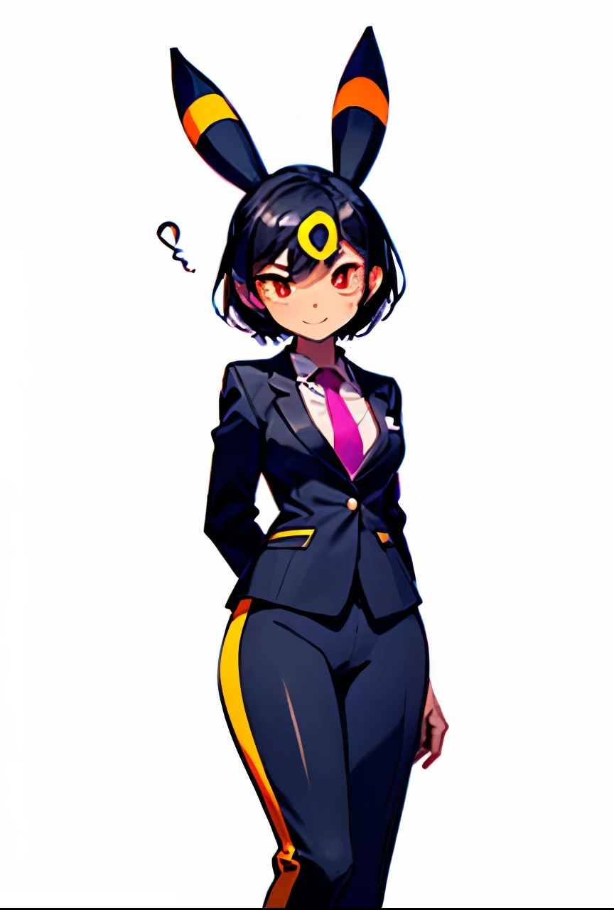 A sexi girl with red eyes, Umbreon ears with a horizontal yellow stripe in the middle, jet-black hair with pixie cut and seductive smile , wearing a black business suit , White shirt, black pants, black jacket and pastel pink tie , Everything fits the body and highlights its curves. She has a flat chest, Small hips and small waist , but a well-trained butt .