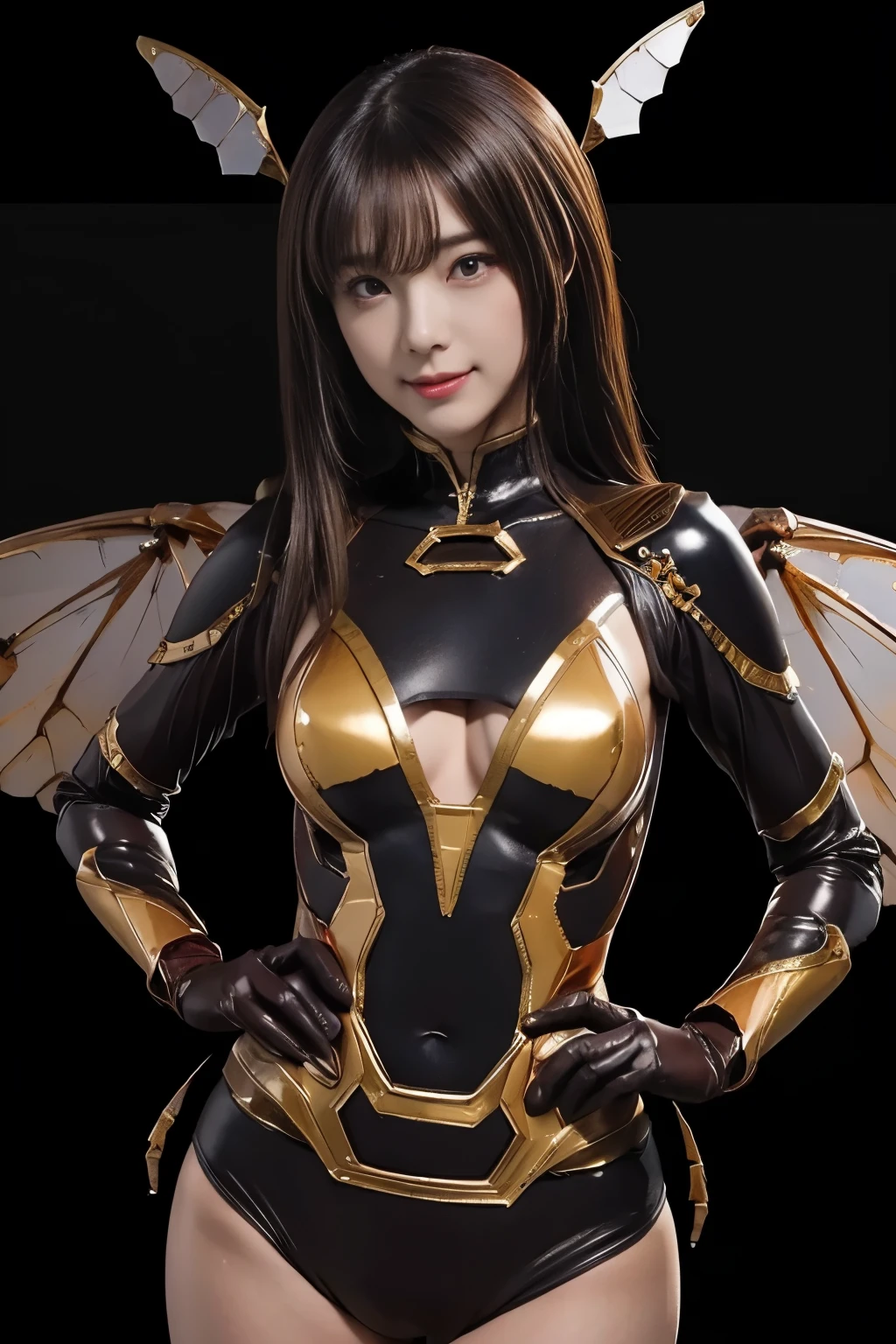 (high resolution,masterpiece,best quality,extremely detailed CG, anime, official art:1.4), realistic, photo, amazing fine details, all intricate, gloss and shiny,awesome many layers, 8k wall paper, 3d, sketch, kawaii, illustration,( solo:1.4), perfect female proportion,villainess, (fusion of queen bee and lady:1.4), (queen bee form lady:1.2), (queen bee lady:1.2), (fusion:1.2), (solo:1.4), (evil smile:1.2), muscular, abs, (queen bee exoskeleton bio insect suit:1.4), (queen bee exoskeleton bio insect armor:1.2), (transparency queen bee wing:1.4), (queen bee antennae:1.3),