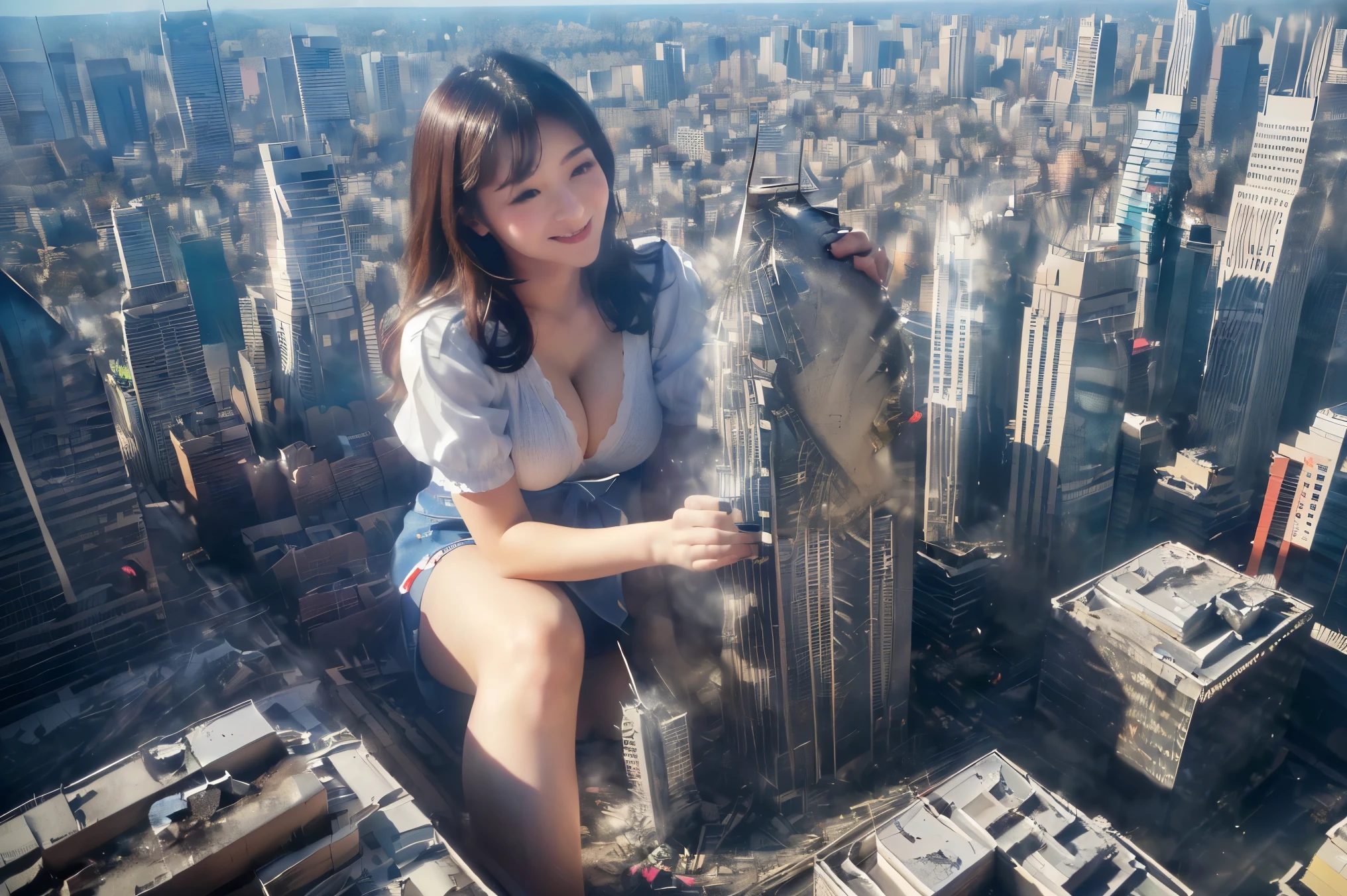 A woman with the supernatural power to fly、Hair blowing in the wind and clothes fluttering in the wind、(Soaring above the big city:1.6)、Charming smile、Distinctive and attractive costumeynatalee 、 (highest quality、4k、8k、High resolution、masterpiece:1.2)、Super detailed、(Real、Photorealistic、Photorealistic:1.37)、HDR、Bright colors、Portrait、Sharp focus、Studio Lighting、anime、Bright colors