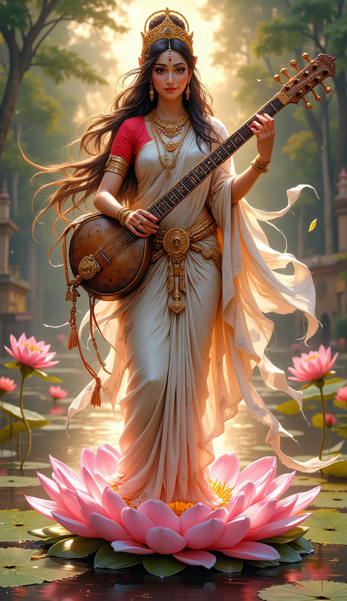 (Hyper detailed, extremely detailed, highest resolution, highest mega pixel, perfect photography, cinematic shot, perfect lighting, perfect pose, beautiful woman as goddess saraswati, portrait of Goddess Saraswati ((((light cream-pinkish saree red blouse, black hair, fair skin tone))) standing on a pink+yellow lotus in a beautiful pond, playing a sitar (((Sitar))) ,4 hands, holding lotus and in another hand holding manuscripts, (((4 hands))), aesthetic look, aesthetic dressings, hyper Detailed fingers and hands, hyper detailed faces, add all attributes related to Goddess Saraswati, perfect illustration, ((perfectly drawn sitar))), perfect number of hands and fingers, professional photography, photo taken with Sony 85 mm lens, f/1.2, in-frame, not out of frame, not cropped, hyper detailed skin, smooth skin texture, hyper detailed, 32k
