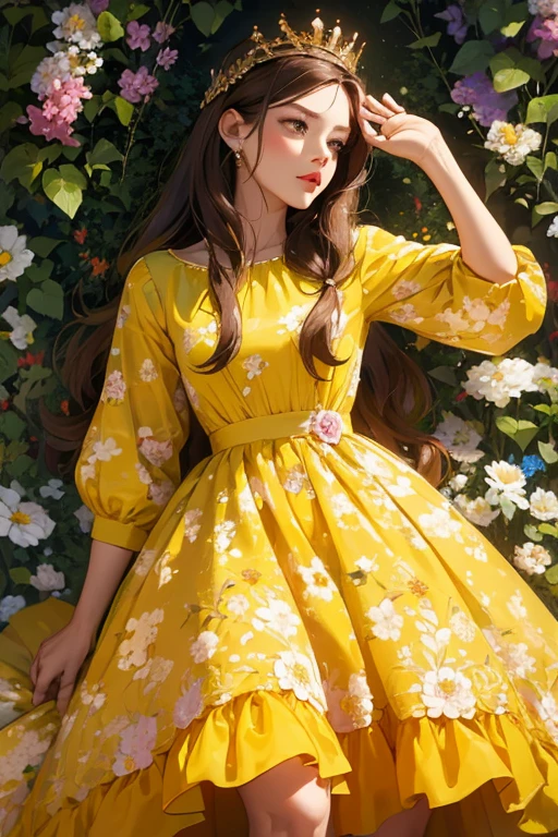 An image of a woman who calmly loves, Detailed medium brown hair, Bright yellow detailed eyes with long eyelashes, White short dress with pink floral print, Detailed brown high heel sandals. full body image. shoes foot