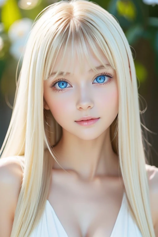 Face focus, Crazy for love, , Frilled Summer Dress, Very beautiful blonde Scandinavian girl, Very white and shiny skin、Overwhelmingly beautiful, Beautiful shiny super long straight blonde silky hair、Blonde bangs over the eyes、Blonde hair over one eye、Blonde hair between the eyes、Has cleavage, Arms behind head, Low contrast, (Shy and cheerful expression:0.8), Hair Scrunchie, highest quality, Ultra-high resolution, Realistic photos, Very detailed, 8K, Raw photo, Perfect Anatomy、so beautiful, The Shining, Very bright light blue eyes、Very big eyes、Small Face Beauty