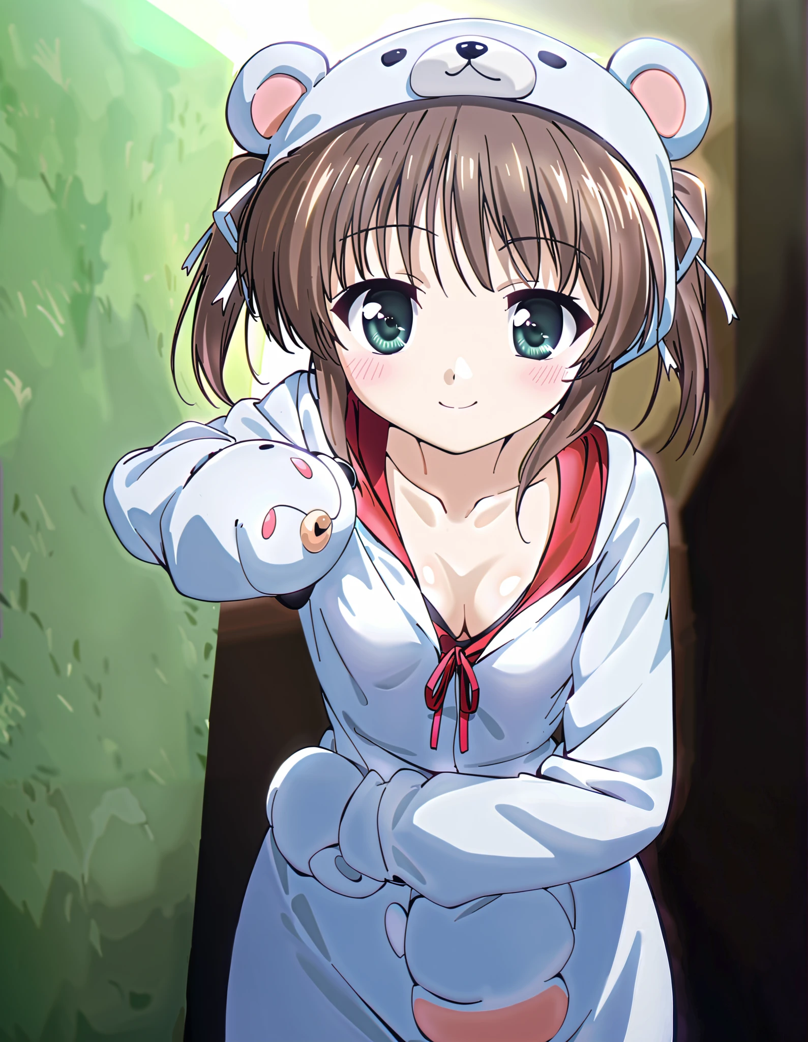 Asagiri Mai, Alone, (cowboy shot), brown hair, short hair, hair ribbon, twintails, green eyes, small breasts, cleavage, (Wearing a bear costume), (Red cheeks:1.2), (bright smile:1.1), ( cute pose), score_9, score_8_superior, score_7_superior, source_anime, (best quality:1.2), 細部までこだわったanime, high quality , full color, 8k, high resolution