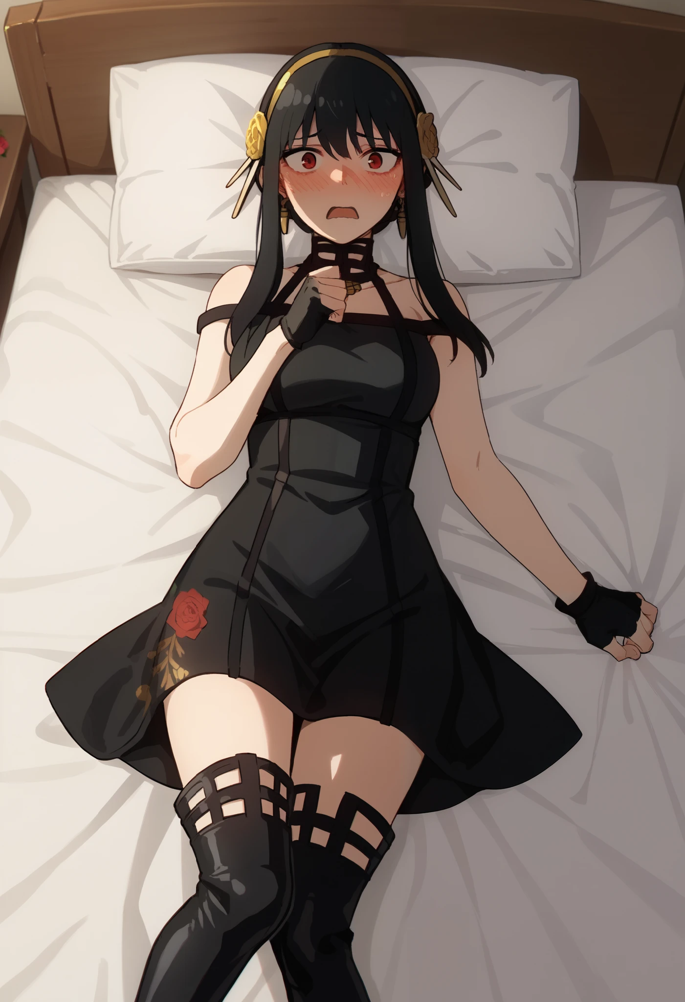 score_9, score_8_up, score_7_up, score_6_up, score_5_up, score_4_up, BREAK source_anime, 1girl, solo,
ChopioYor, black hair, red eyes, gold earrings, looking at viewer,
short hair with long locks, sidelocks, hair ornament, gold hairband,
medium breasts, (thick thighs:0.8),
outfit_3, necklace, bare shoulders, black dress, rose print, two-sided dress, two-sides fabric, black fingerless gloves, black thigh boots,
bedroom, bed, bed sheet, pillow, on bed, on back, from above, shy, blush, embarrassed, open mouth,