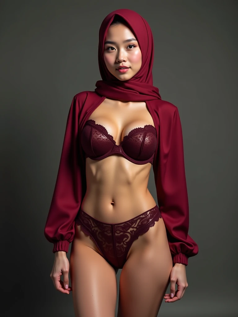 ((MY BODY IS VERY THIN)), ((LAUGH AND SMILE SWEETLY)), ((THIN)), ((Straddling)), "Naked Lingerie Bra" ((Hijab Stylish)), (Malaysia female), age 15 years old, 8K, photottorialism, G-String, ((RED LIPSTICK))