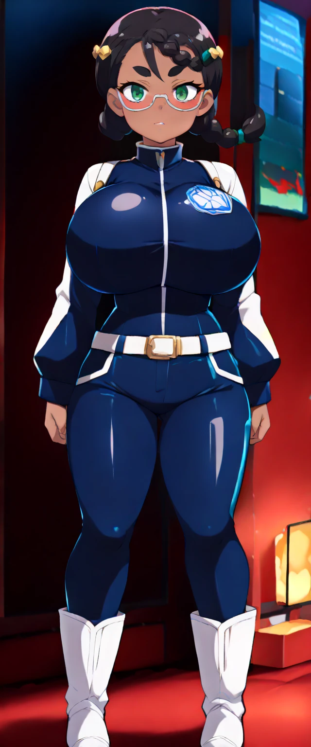 ((best quality, 4k, 8k, anime bishoujo, one girl, masterpiece, 2D art style)), ((((beautiful extremely detailed face)))), (((detailed eyes, green eyes))), natural lighting, dark skin, dark-skinned female, thick eyebrows, (glasses), (black hair with silver meshes, braid), ((blue bodysuit, long sleeves, white belt, blue pants, large metalic boots), ((gigantic breasts, ssbbw, ((extremely wide waist)), chubby)), natural lighting, indoor,