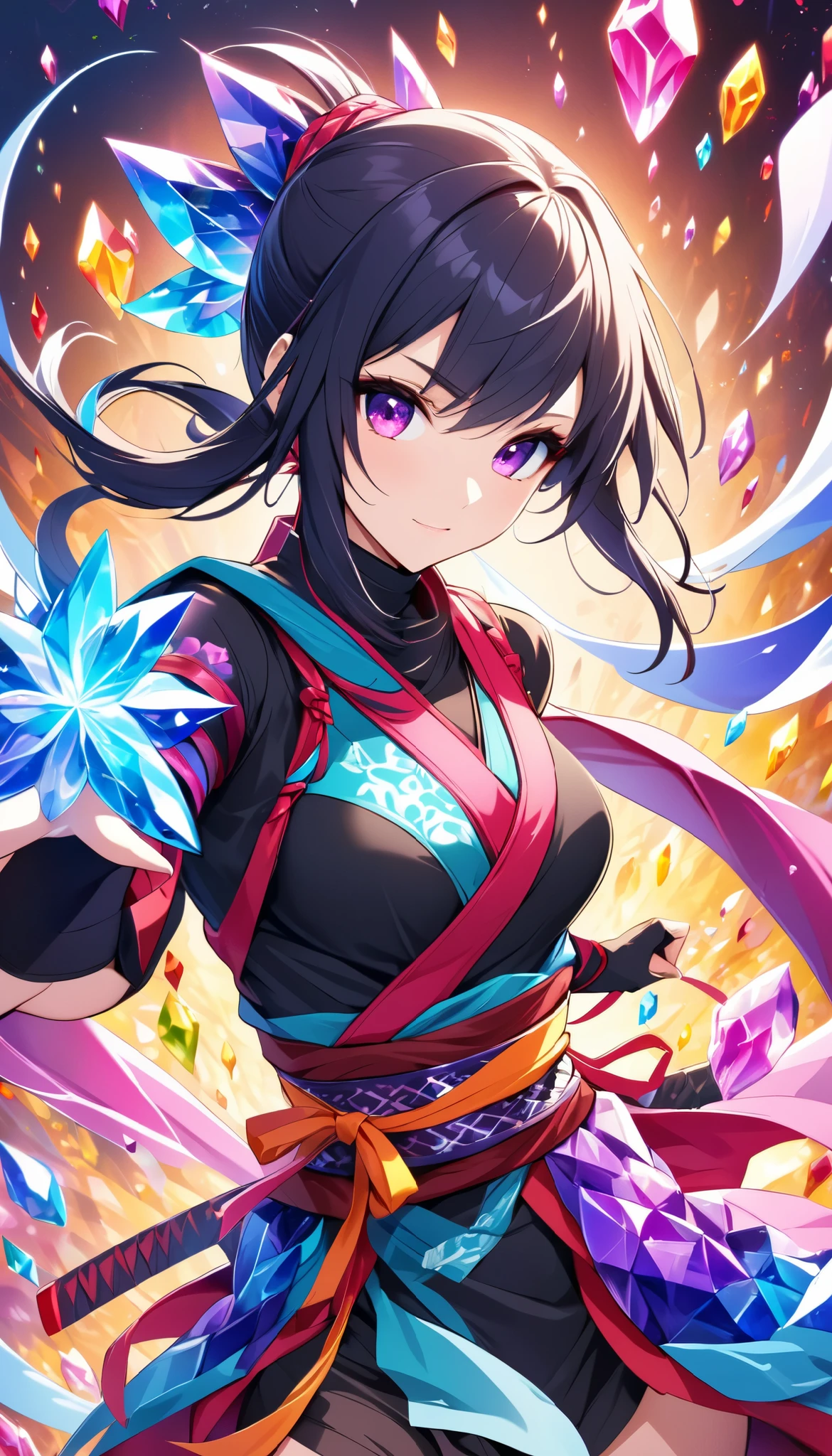 1 beautiful woman, solo, ninja, vivid colorful crystal fantasy style,