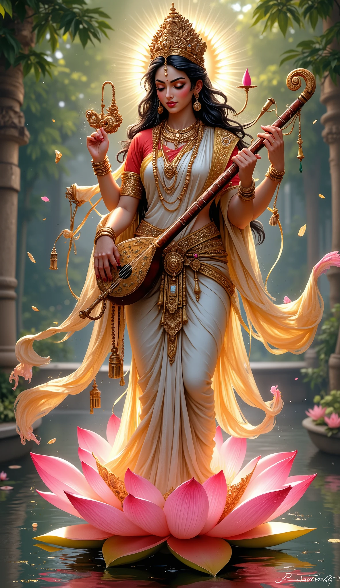 (Hyper detailed, extremely detailed, highest resolution, highest mega pixel, perfect photography, cinematic shot, perfect lighting, perfect pose, beautiful woman as goddess saraswati, portrait of Goddess Saraswati ((((light cream-pinkish saree red blouse, black hair, fair skin tone))) standing on a pink+yellow lotus in a beautiful pond, playing a sitar (((Sitar))) ,4 hands, holding lotus and in another hand holding manuscripts, (((4 hands))), aesthetic look, aesthetic dressings, hyper Detailed fingers and hands, hyper detailed faces, add all attributes related to Goddess Saraswati, perfect illustration, ((perfectly drawn sitar))), perfect number of hands and fingers, professional photography, photo taken with Sony 85 mm lens, f/1.2, in-frame, not out of frame, not cropped, hyper detailed skin, smooth skin texture, hyper detailed, 32k