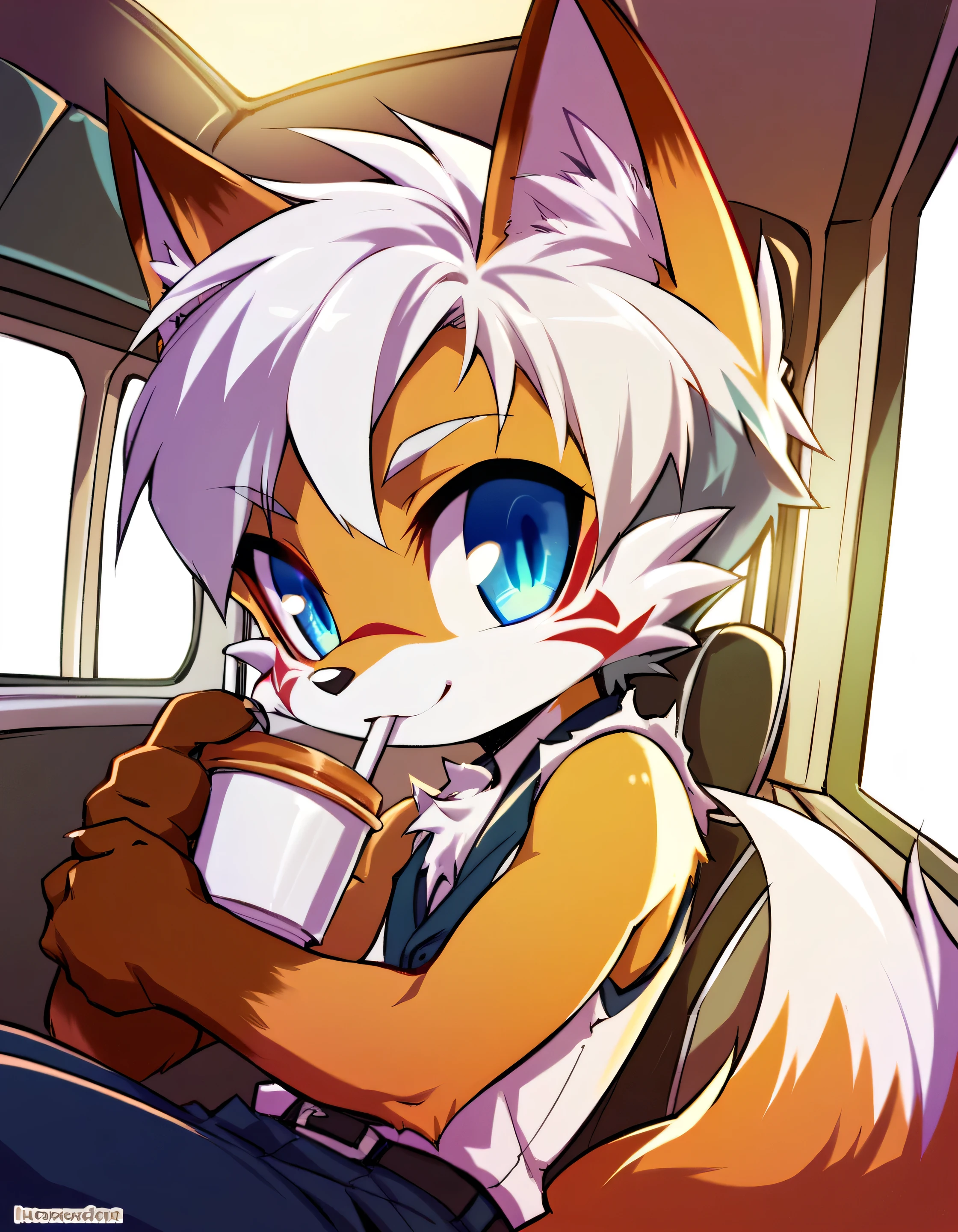 anime art style, cartoonish anime. chibi boy, male only, furry. He is fox beast man, red fox-like, he has a light orange fur. He has a slim face, thin ears, short white hair, a blue eyes and a tattoo on his cheek. He is a r, he has muscular build. He wearing a vest, take a seat in a chair, his hand holding a cup of tea. ((beautiful interior, warm light))