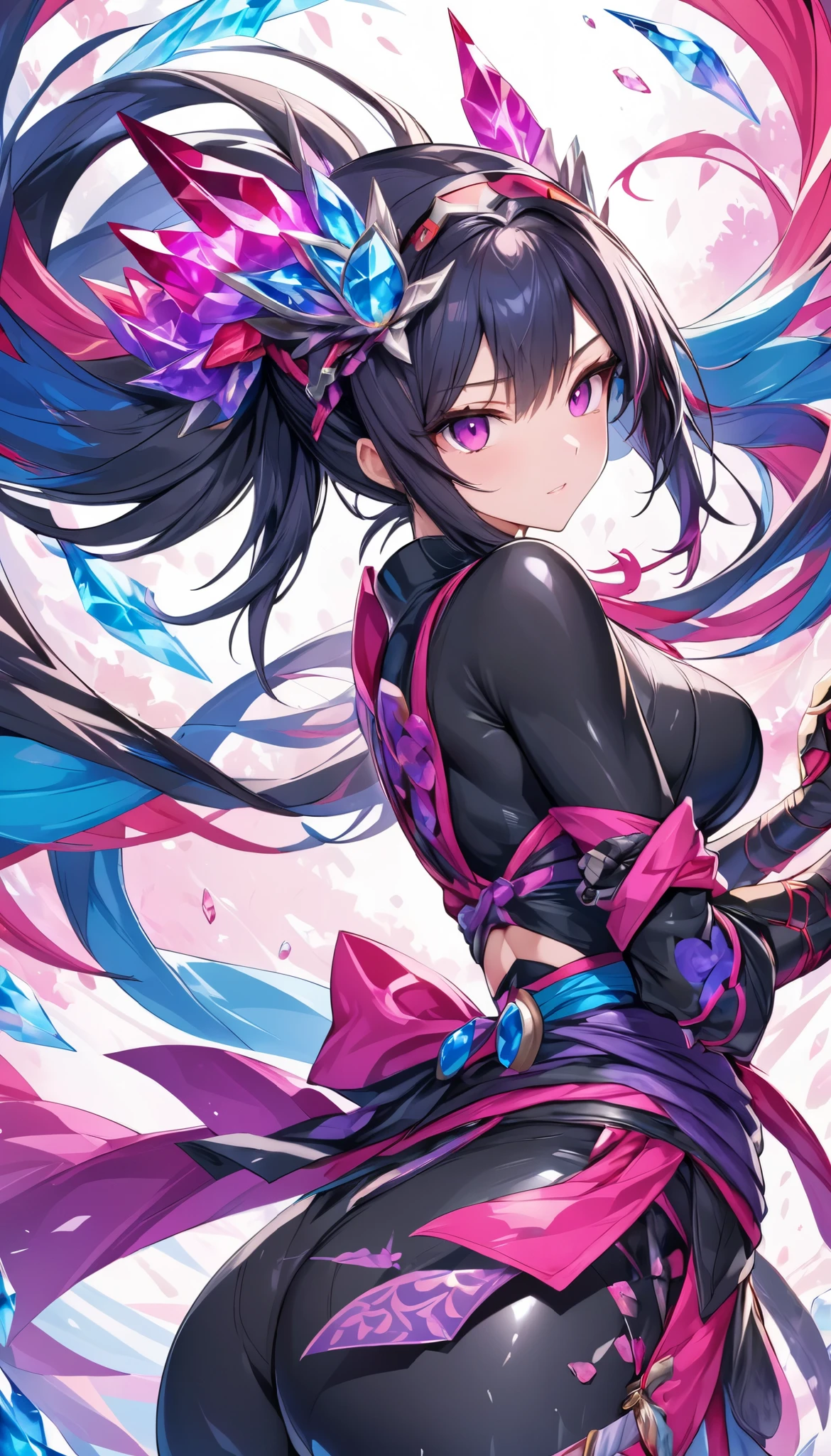 1 beautiful woman, solo, ninja, vivid colorful crystal fantasy style, gross shiny skin, censored,