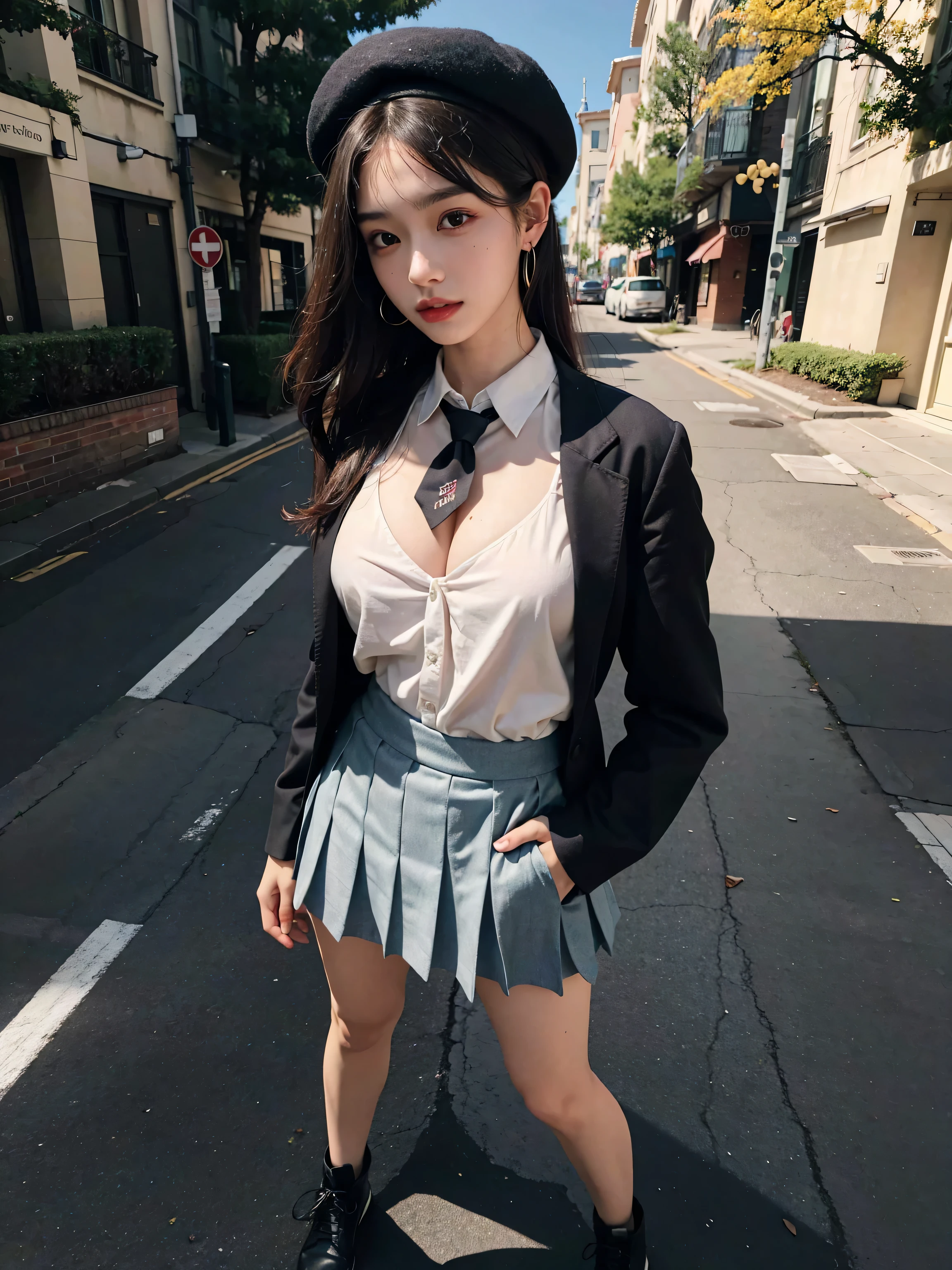 girl、Stylish、fashion、dress、Pleated skirt、Long Black Hair、Big Breasts、high school girl、ribbon