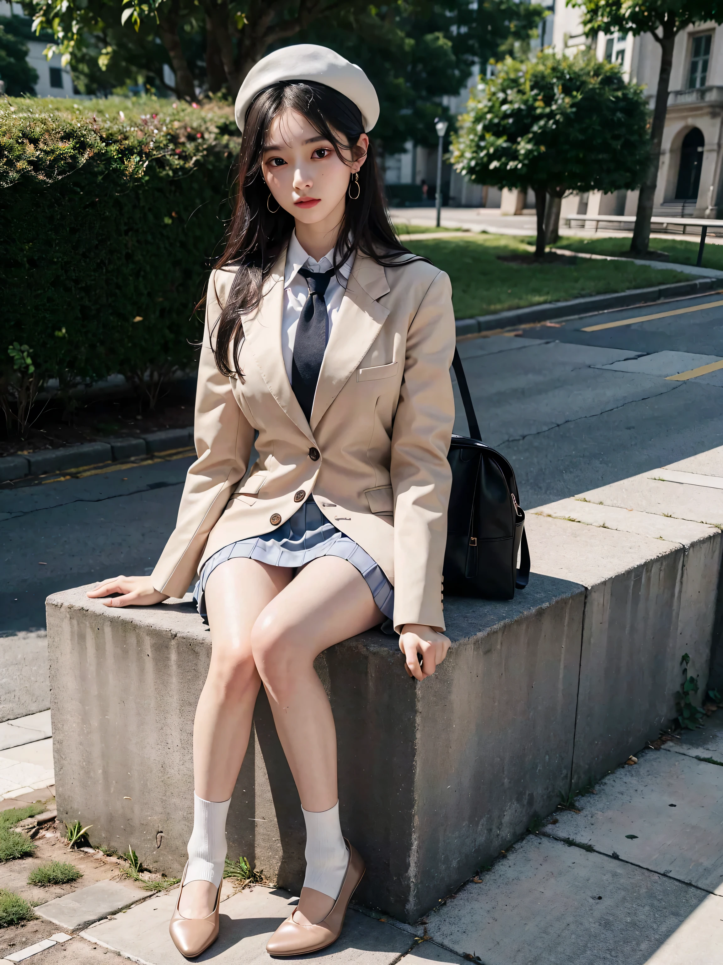 absurderes, Raw photo, Extremely delicate and beautiful, masutepiece, Best Quality, Ultra High Resolution, 16 K, hyper realisitic, Realistic, Photorealistic, Photorealsitic, Ultra-detailed, Perfect Anatomy, super detailed skin, Perfect figure, Very detailed CG 8k wallpaper, in her 20s, Very slim body, Narrow waist, Very small head, Very small face, Delicate facial features, tear moles, Earring, thin legs, (very massive round chest), (Full body shot:1.2), (2 Girl), Short hair, (Wavy Hair), (light brown hair), (Wet clothes), (School uniform:1.3), (Blazer),