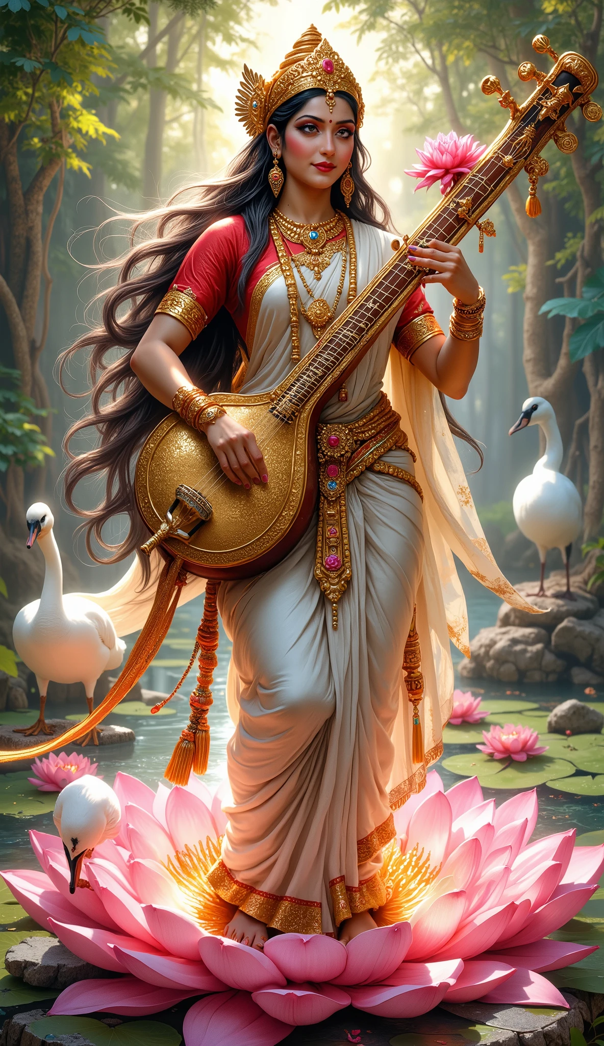 (Hyper detailed, extremely detailed, highest resolution, highest mega pixel, perfect photography, cinematic shot, perfect lighting, perfect pose, beautiful woman as goddess saraswati, portrait of Goddess Saraswati ((((light cream-pinkish saree red blouse, black hair, fair skin tone))) standing on a pink+yellow lotus in a beautiful pond+ green vegetation, playing a sitar (((Sitar))) ,4 hands, holding lotus and in another hand holding manuscripts, (((4 hands))), aesthetic look, aesthetic dressings, hyper Detailed fingers and hands, hyper detailed faces, add all attributes related to Goddess Saraswati, add ((((a white swan, a peacock)))) ((white swan))((a peacock)) , perfect illustration, ((perfectly drawn sitar))), perfect number of hands and fingers, professional photography, photo taken with Sony 85 mm lens, f/1.2, in-frame, not out of frame, not cropped, hyper detailed skin, smooth skin texture, hyper detailed, 32k