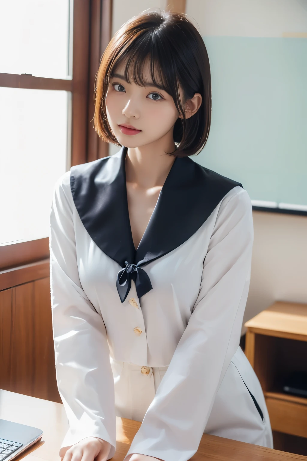 ((highest quality、8k、masterpiece:1.3)),((((cowboy shot)))),Ultra-high resolution,big eyes,Japanese,bangs,(a girl),(1 girl),((20 years old)),((facing at viewer)),(long hair),(((black sailor uniform))),((sitting on chair)),(pleated mini skirt),((white floral panty)),((skirt lift))