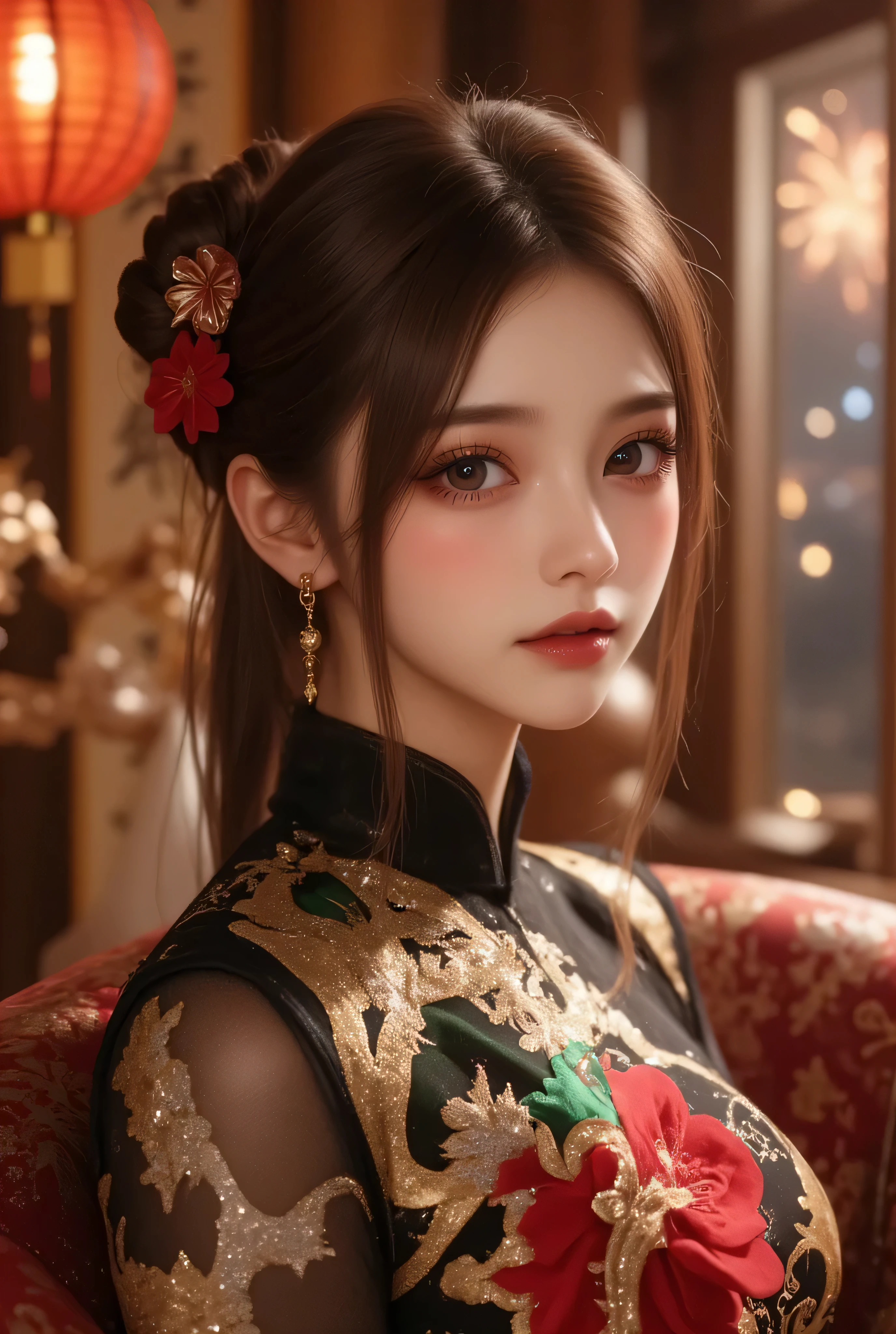 Cat ears、 face up, attractive, pretty girl, ponytail、few beautiful lady hair decorations, (( fine facial features , eroticism)), dramatic lighting , realistic , 8k, Dramatic Shadows , intricate and elaborate patterns , super detailed photo , chiaroscuro lighting , Pleasant colors , deep contrast , super real 、 pink lipstick、 warm room、Vintage Fireplace 、 cinematic composition、Close-up of face, pretty half part transparent open shoulder loose outfits dress, tang style, A beautiful Korean idol wearing a one piece red-green-black-silver shinny tightly cheongsam with phoenix and intricate floral golden embroidery, golden and silver outline on dress, standing gracefully in a room filled with traditional Chinese New Year decorations. The room features vibrant red lanterns, decorative calligraphy scrolls, a small Chinese orange tree with golden ornaments, and several red envelopes scattered across the floor and hanging from the tree. Adorable, playful cats are part of the scene—some sitting near the tree, others curiously pawing at the red envelopes or lounging around. Through a window or an open door in the background, vibrant Chinese fireworks light up the night sky in an array of reds, golds, and blues, casting a magical glow into the room. The idol’s outfit is paired with subtle accessories like red hairpins or earrings, complementing the festive look. The atmosphere is warm and lively, filled with the joyful essence of the celebration, enhanced by the shimmering lights of the fireworks and the lively decor.