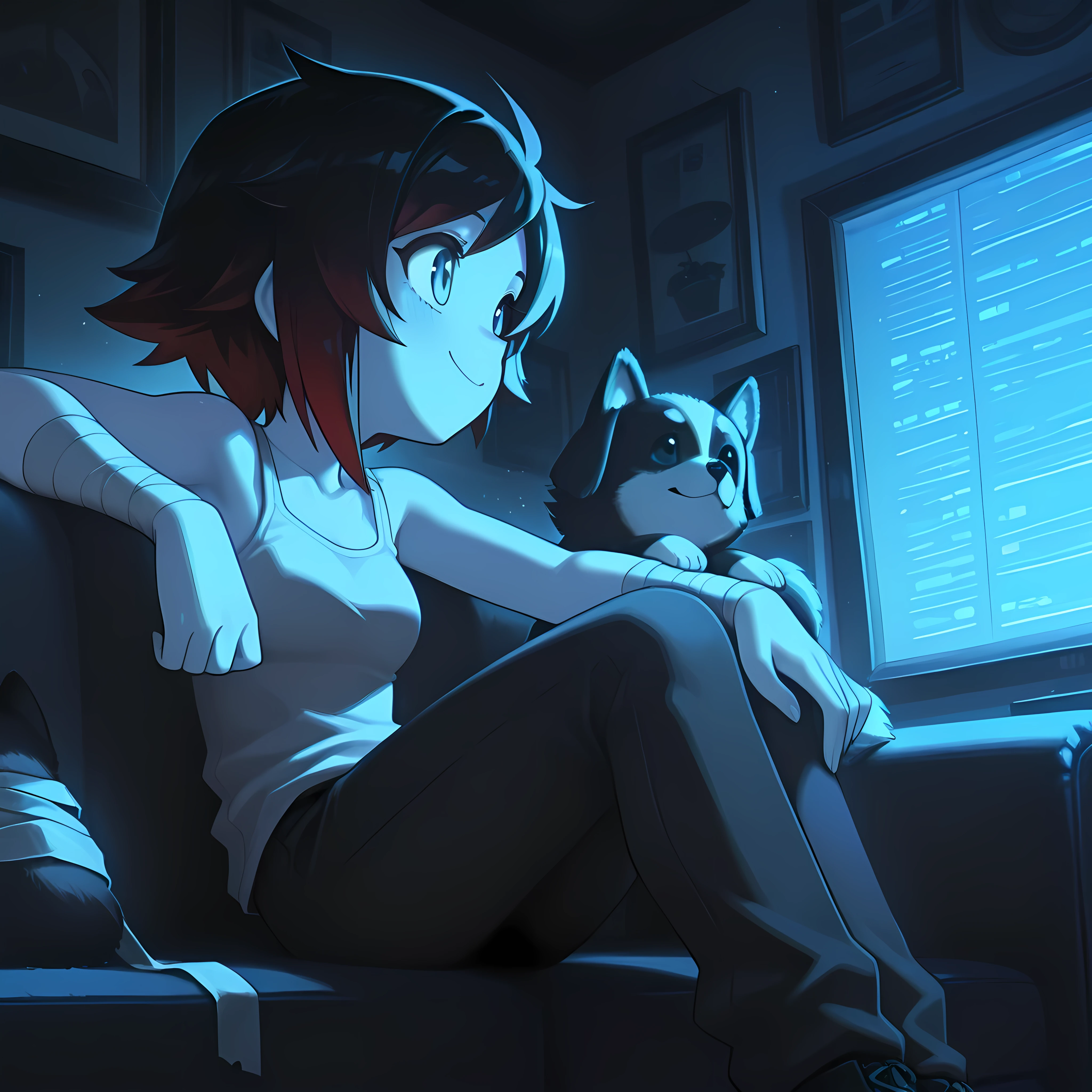 Score_9, score_8_up, score_7_up, masterpiece, best quality, amazing quality, very aesthetic, high resolution, ultra-detailed, absurdres, newest, Anime screencap, highly detailed, high quality, hyper-Detailed, mistico_IL. BREAK.
1girl, solo, smile, short hair, sitting, monochrome, pants, animal, bandages, tank top, bandaid, couch, dog, blue theme, bandaged arm, puppy, ruby rose