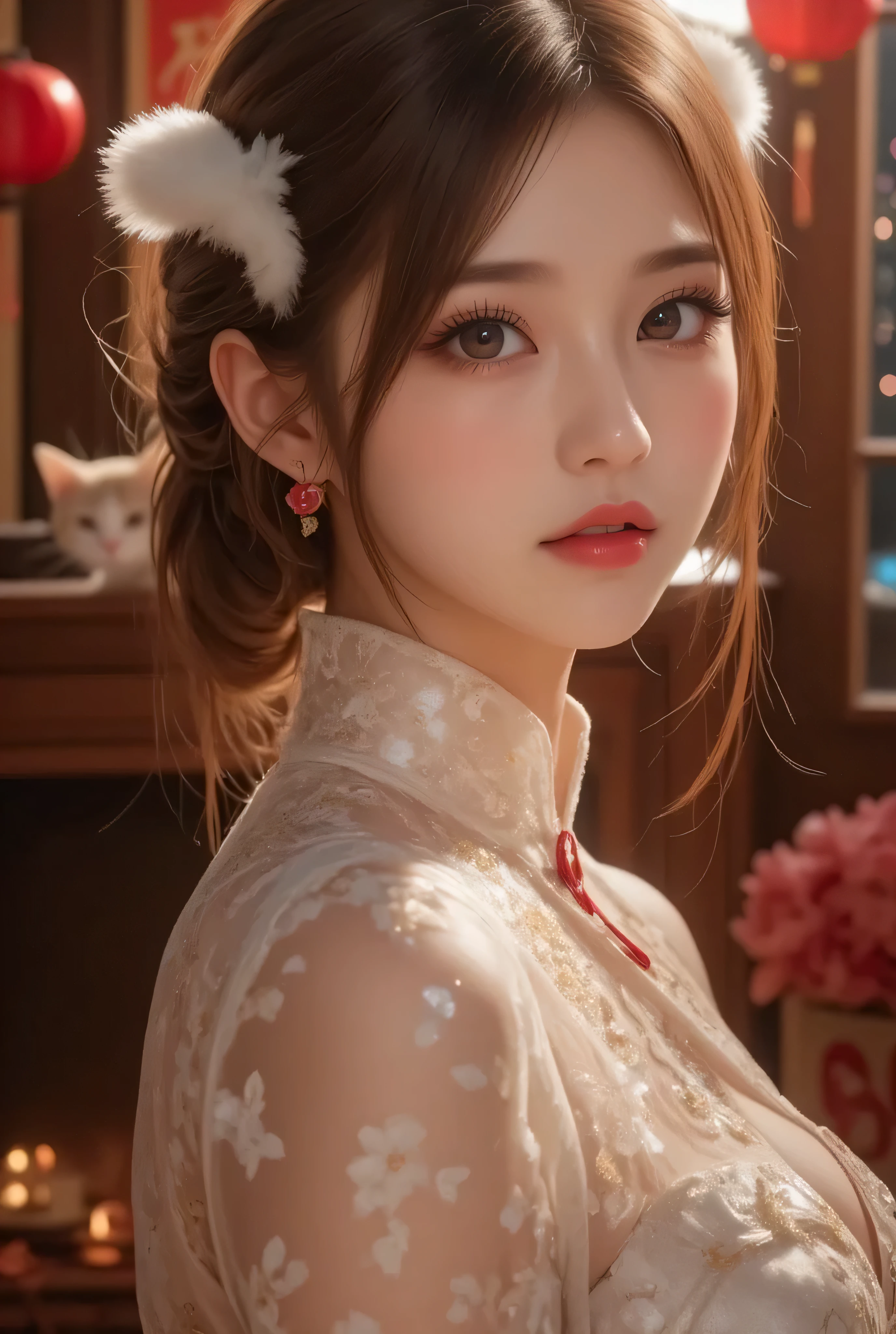 Cat ears、 face up、((( Lying in Bed))) attractive, pretty girl, ponytail、 (( fine facial features , eroticism)), dramatic lighting , realistic , 8k, Dramatic Shadows , intricate and elaborate patterns , super detailed photo , chiaroscuro lighting , Pleasant colors , deep contrast , super real 、 pink lipstick、luxury earrings, luxury necklace, luxury hairpin, warm room、Vintage Fireplace 、 cinematic composition、Close-up of face, A beautiful Korean idol wearing a short random colour cheongsam with golden or silver intricate floral embroidery, standing gracefully in a room filled with traditional Chinese New Year decorations. The room features vibrant red lanterns, decorative calligraphy scrolls, a small Chinese orange tree with golden ornaments, and several red envelopes scattered across the floor and hanging from the tree. Adorable, playful cats are part of the scene—some sitting near the tree, others curiously pawing at the red envelopes or lounging around. Through a window or an open door in the background, vibrant Chinese fireworks light up the night sky in an array of reds, golds, and blues, casting a magical glow into the room. The idol’s outfit is paired with subtle accessories like red hairpins or earrings, complementing the festive look. The atmosphere is warm and lively, filled with the joyful essence of the celebration, enhanced by the shimmering lights of the fireworks and the lively decor.