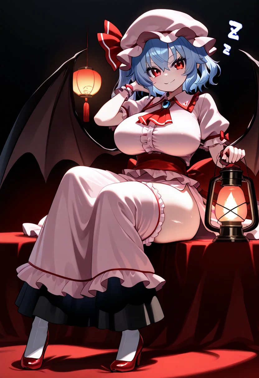 (Remilia toho character), (solo:1.2), (standing on the deck of mansion:1.1), a full moon, midnight, BREAK, short hair, collarbone, (very perky large breasts), (emphasize cleavage), (inconceivably thin waist:1.3), (very short thin torso:1.2), very long (thin legs), emphasize thigh gap, BREAK, (sheer white dress) with (plunging neckline:1.2), shoulder straps, (brown inconceivably wiry corset cinches waist too tight:1.5), frilled (too short white miniskirt), (light blue thighhighs), BREAK, nose blush