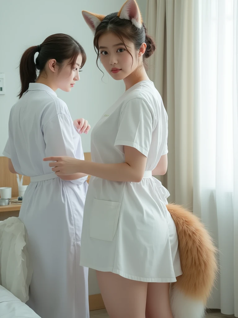 A live-action photo of an extremely beautiful Japanese high school girl race queen who highlights her large breasts and beautiful legs.、Wearing a miniskirt and white lab coat at a photo studio, she takes promotional photos for compensated dating.、She is an eternal idol who combines a clean look with modern charm.。 She creates such beauty。 She feels her own warmth。 She creates a warm atmosphere。 We create beauty。 That's what I want to say。 In her full body photo、The figure features porcelain-like skin and golden hair that radiates a soft glow.。 This is probably、It captured the essence of her timeless charm.、This is the best shot ever.。 Each straight line and curve is carefully expressed.、Breathtakingly beautiful with impeccable detail。 This piece perfectly captures her timeless beauty.。 Divine Proportions、Sharp focus、Full-body photo taken by Kishin Shinoyama、high quality、High resolution、Detailed Background