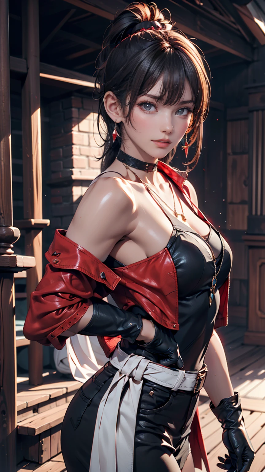 24-year-old woman、Attractive Young Woman, (Beautiful Face:1.1), Detailed eyes, Seductive lips, (eye make up:1.2), (Medium chest:1.0), (Toned body:1.2), Sexy proportions、Narrow waist、hair band((hair ribbon))、Braided ponytail((braided ponytail))、No sleeve、Choker on wrist, silver accessory、Low rise hot pants、Stiletto heels、Downtown