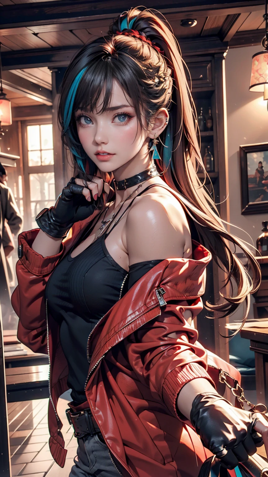 Realistic Digital Painting with Concept Art Elements", (masterpiece),"highest quality", "Expressive eyes", "Perfect Face" "digital painting," "concept art," "realistic," "high detail", "muscular",, "high-res", "ominous aura,", "8k resolution", "oil painting", "darker tone" , "dark saturation" ,"dark feeling", "concept art" , "detailed features" , "detailed eyes" , "1girl" , "feminine build" , "blue eyes" , "diner uniform" , "full body" ,"blood over uniform", "detailed features" , "hiding" , "dark brown eyes" , "midnight" , "dark diner background" , "lips slightly parted" , "long black hair tied in messy bun" , "messy bun", "holding a kitchen knife" , "covering mouth to not scream"