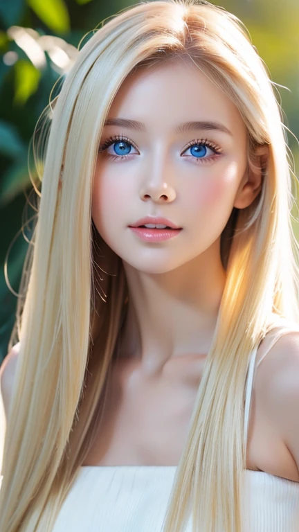 A beautiful face with blonde hair blowing in the wind、Beautiful bright light brown eyes hidden by her hair、white and shiny skin、beautifully、Very long、Shiny, silky blonde hair、美しいbangs、Sexy 18 year old very beautiful woman、Unparalleled beauty、Cheek gloss、Beautiful Skin、Small Face Beauty、eyeliner、bangs、Bang to the face、Hair above the eyes、Hair between the eyes、Round face、Strapless Summer Dress,