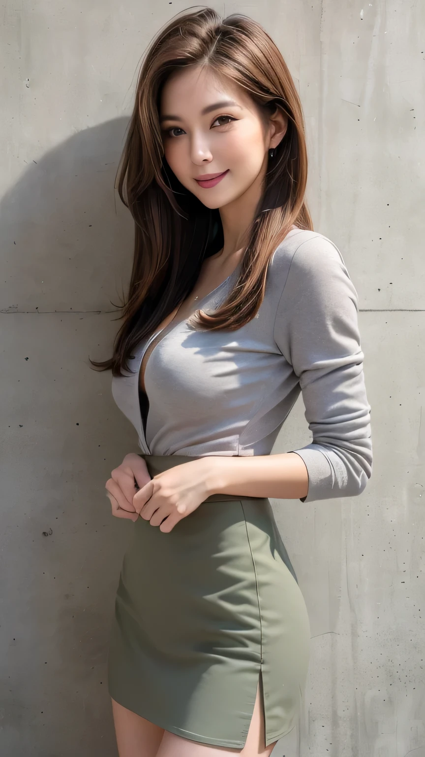 very detailed, Masterpiece , top quality , (( photorealistic:1.4)), (( Slender Body:1.4))、 super skinny , detailed face , beautiful eyes in every detail 、(( natural makeup)) 、(( saggy breasts)), ( slim, toned and beautiful body:1.3)、(( light brown hair 、 straight long hair:1.1、 asymmetry)), graceful and sophisticated 、goddess、(( from waist to head ))、((black office jacket))、((brown low rise tight skirt))、((simple concrete wall background:1.3))、(( staring at the camera、 Fresh Smile ))、(( Professional Cool Lighting ))、 standing、 Sexy Poses、 from side