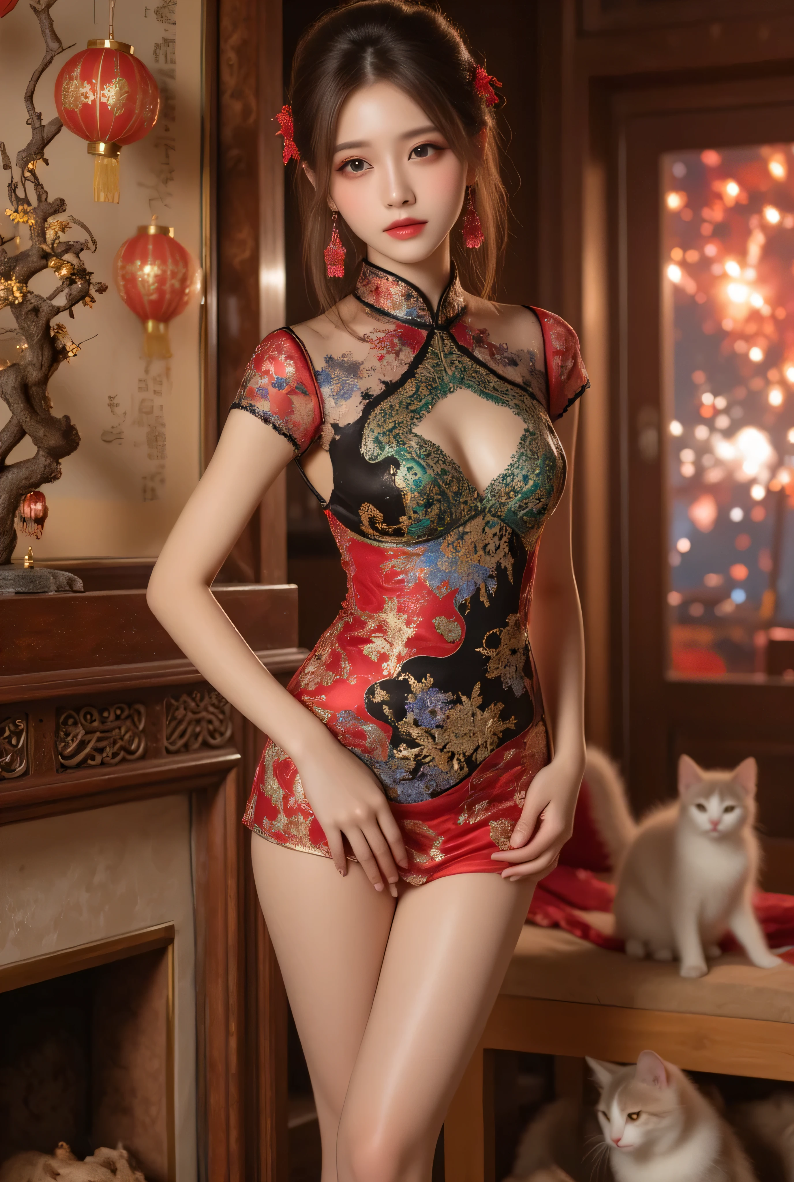 A close-up, head-and-shoulders portrait of a beautiful Korean idol with fine facial features and a ponytail, wearing a red-black-green-blue-transparent-silver-gold short cheongsam with some black-transparent sections, adorned with intricate gold or silver phoenix and floral embroidery. She stands gracefully in a warmly lit room featuring a vintage fireplace and traditional Chinese New Year decorations, including vibrant red lanterns, decorative calligraphy scrolls, a small Chinese orange tree with golden ornaments, and several red envelopes scattered across the floor and hanging from the tree. Adorable, playful cats are part of the scene—some sitting near the tree, others curiously pawing at the red envelopes or lounging around. Through a window or an open door in the background, vibrant Chinese fireworks light up the night sky in an array of reds, golds, and blues, casting a magical glow into the room. The idol’s outfit is complemented by subtle accessories like red hairpins or earrings and a few pretty Chinese hair accessories, along with pink lipstick, enhancing her festive look. The atmosphere is warm and lively, filled with the joyful essence of the celebration, highlighted by dramatic, chiaroscuro lighting, deep contrast, pleasant colors, and intricate, elaborate patterns, creating a super-detailed, realistic 8K cinematic composition.