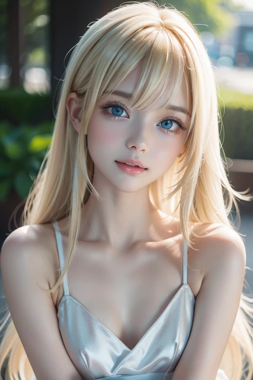 Innocent 20 year old beautiful blonde girl、Beautiful shining platinum blonde hair、bangs fall on face、((Wearing a white T-shirt with open chest,dramatic pose)),Sexy look,super long straight blonde silky hair,Bed Background,beach background、Raw photo, (8K、highest quality、masterpiece:1.2)、(Intricate details:1.4)、(Photorealistic:1.4)、Octane Rendering、Intricate 3D rendering super detailed, studio soft light, Rim Light, Vivid details, Super Detail, Realistic skin texture, Cheek gloss、details face, Very beautiful bright pale blue eyes, Very big eyes、Highly detailed CG Unity 16k wallpaper, perfect beauty、round face、Makeup, (Detailed background:1.2), Shiny skin, Full Body、From head to thighs、Cleavage,((sleep with your head up、Angle looking down from above))