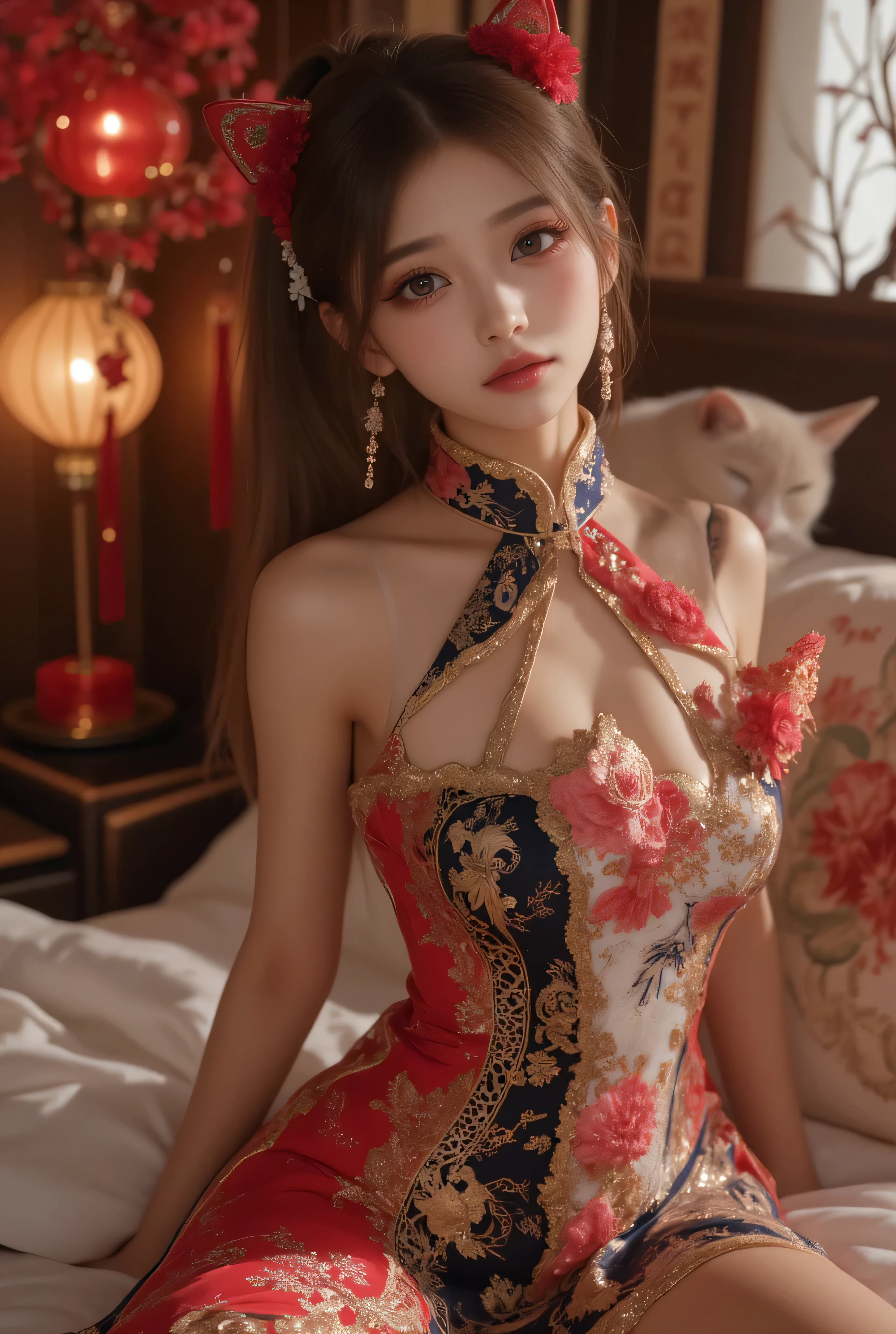 Cat ears、 face up, attractive, pretty girl, ponytail、few beautiful lady hair decorations, (( fine facial features , eroticism)), dramatic lighting , realistic , 8k, Dramatic Shadows , intricate and elaborate patterns , super detailed photo , chiaroscuro lighting , Pleasant colors , deep contrast , super real 、 pink lipstick、 warm room、Vintage Fireplace 、 cinematic composition、Close-up of face, pretty half part transparent open shoulder loose outfits dress, tang style, A beautiful Korean idol wearing a one piece red- black tightly cheongsam with phoenix and intricate floral golden embroidery, golden and silver outline on dress, standing gracefully in a room filled with traditional Chinese New Year decorations. The room features vibrant red lanterns, decorative calligraphy scrolls, a small Chinese orange tree with golden ornaments, and several red envelopes scattered across the floor and hanging from the tree. Adorable, playful cats are part of the scene—some sitting near the tree, others curiously pawing at the red envelopes or lounging around. Through a window or an open door in the background, vibrant Chinese fireworks light up the night sky in an array of reds, golds, and blues, casting a magical glow into the room. The idol’s outfit is paired with subtle accessories like red hairpins or earrings, complementing the festive look. The atmosphere is warm and lively, filled with the joyful essence of the celebration, enhanced by the shimmering lights of the fireworks and the lively decor.