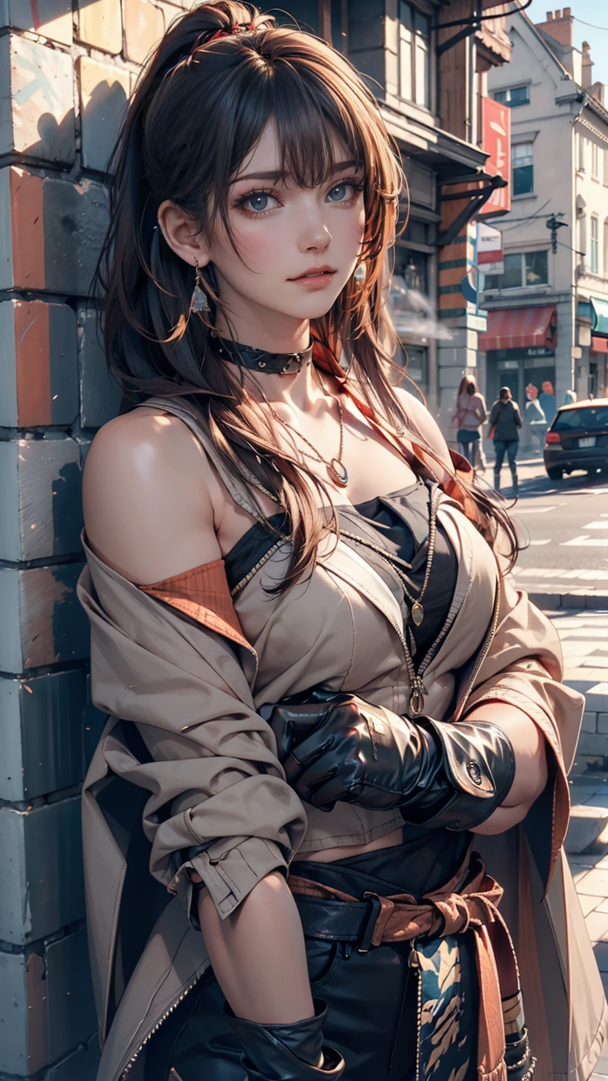 One person,Aqua Eye, bangs, black coat, chest, button, coat, Arms crossed,High resolution, large chest, Long Hair, View your viewers, 部分的にbuttonを外した, road, scarf, shirt, Short eyebrows, smile, alone, Are standing, street,Thick eyebrows, Upper Body, white shirt, From below