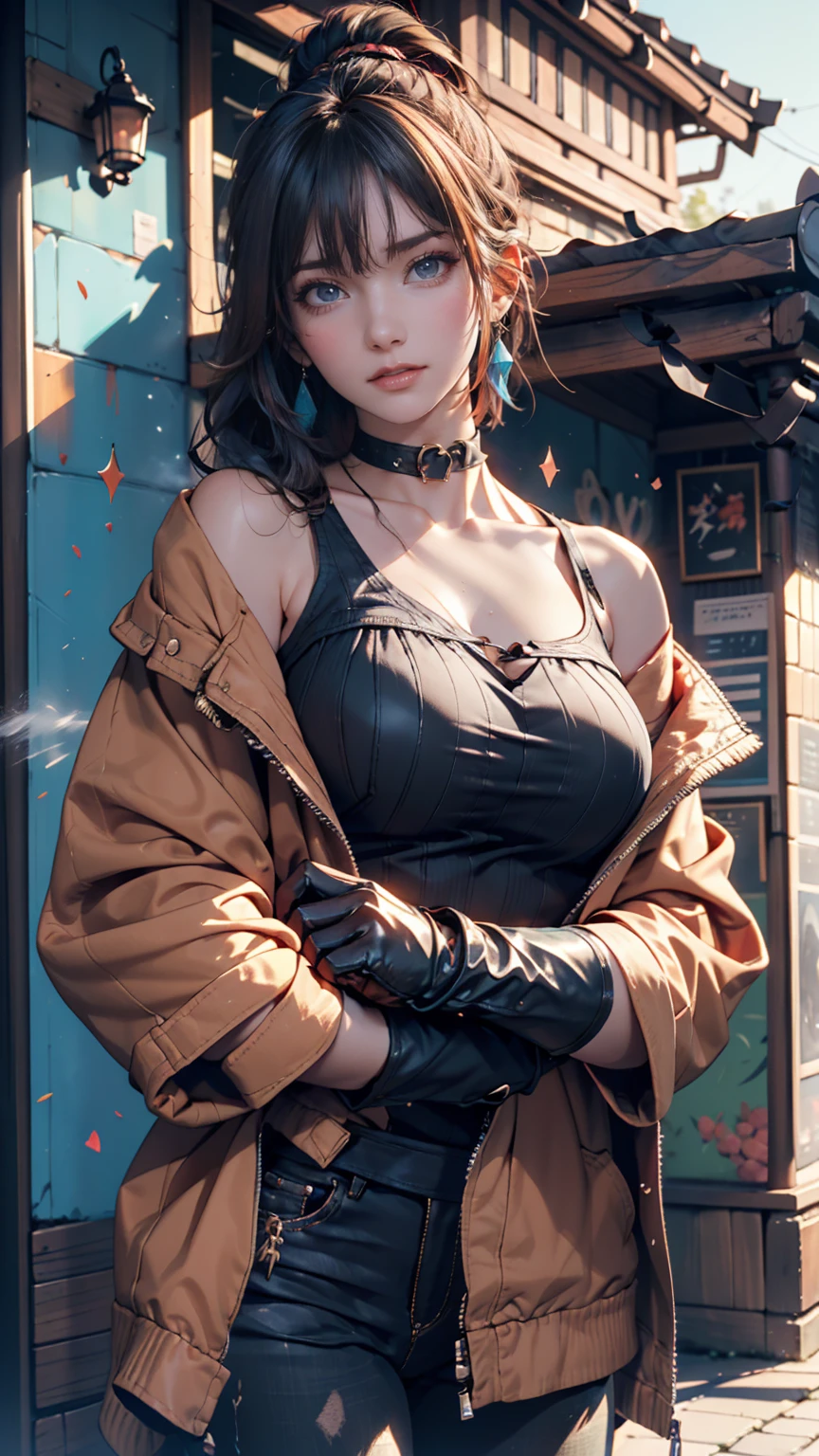 Hyper Quality、8K quality、High resolution、Image quality captured with a single-lens reflex camera、(software)、Perfect Anatomy、(black short hair、Shoulder-length hair、Inner color purple:1.2)22 year old beauty.Mature face、(Flashy adult gal makeup、eyeliner、Red Lip:1.2)、blue eyes(Sharp look:1.4)(Good shape and normal breasts) BREAK (ROCK gal coordination)(White felt big hat) ((Distressed denim jacket:1.1)(Wear a draped white leopard print dress underneath:1.2))(Pink as an accent color)(A tight-fitting satin-like long skirt、Black Stockings:1.2)豹柄Black Stockingsにハイヒール、gold earrings、BREAK(Perfect Anatomy:1.4)break(Looking away:1.2)(Inside Tsutenkaku Tower at night、Outside view:1.3)
