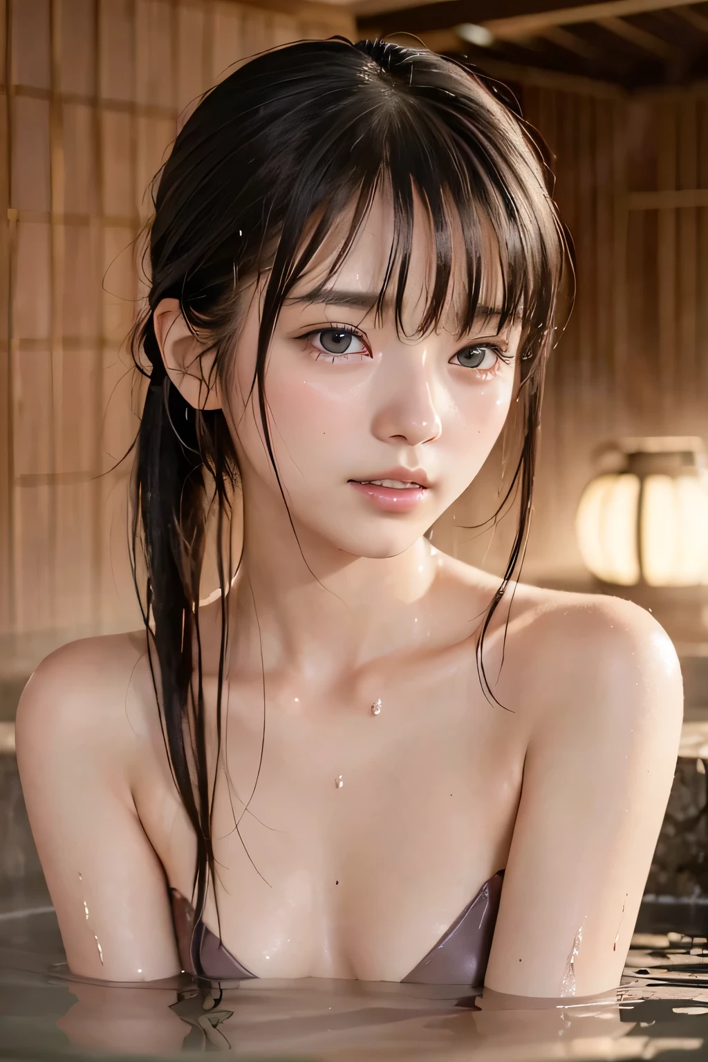 (8k, RAW photo, photorealistic:1.25) ,(short hair, wet hair, wet body:1.7), (slim body, flat chest, slender girl, wet hair, short ponytail hair, wet body:1.5), (lip gloss, eyelashes, Shiny surface, Glossy Skin, best quality, ultra highres, allows depth of field, naked, nude, Color Difference , caustics, blow lighting , Natural Shading, kpop idol) , (a girl is in the onsen bath, open-air onsen bath, dark sunset sky view, onsen in the twilight, bath steam, crying, tears, tearing, sadness:1.2)