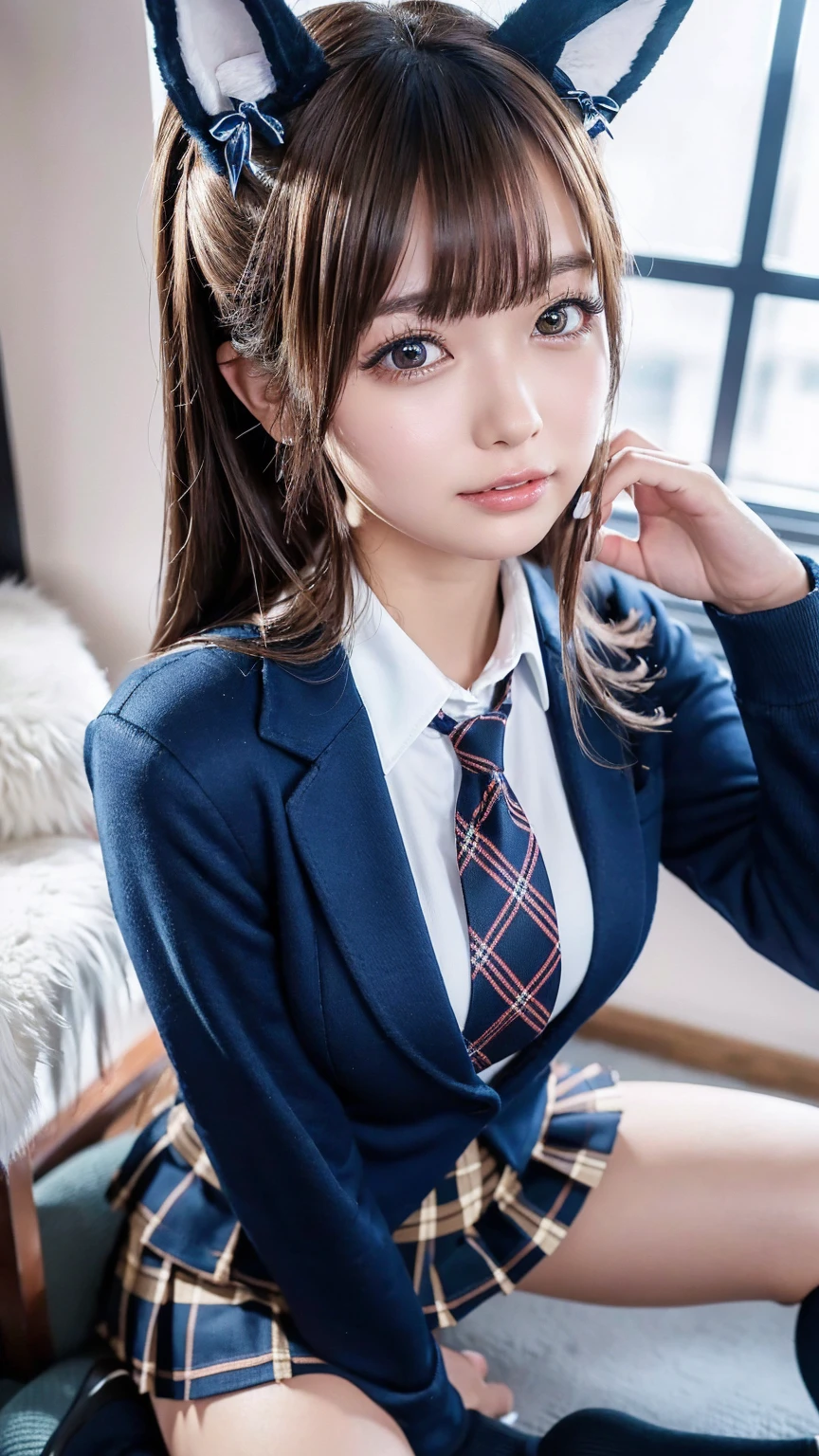 8k, highest quality, real image, intricate details, Super detailed, ultra high resolution, depth field,(realistic,realistic:1.2),from the middle, 1 Japanese girl, very beautiful 17 year old girl, Big eyes, beautiful breasts:1.5、highly detailed eyes:1.2), (beautiful breasts:1.1), (small breasts:1.5), wavy hair、curly hair、bangs, perfect skin, Fair skin, huge hips, thick thighs, thick legs, tight waist,Hands on her chest, sit in a chair, light blush, alone, (sob:1.1), (Are crying:1.1), (School_uniform),(dark blue blazer), (white shirt、wear a tie), (gray pleated skirt), (sculpture installation :1.1)