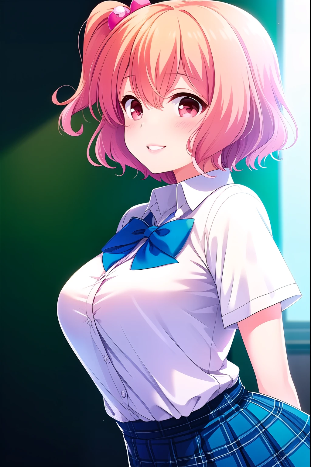(Masterpiece, top quality), very detailed background, perfect lighting top quality, (( upper body angle:1.4、 from the front:1.4)), (Arms behind your back:1.3), Tomura Michiru, Alone, indoor, school classroom, orange hair, (One side up:1.3), (Pink hair bobble :1.3), hair between eyes, short hair, Red Eyes, Medium Boobs , (Blue Bowtie:1.3), white shirt, Short sleeve, BLUE SKIRT , plaid skirt、white thin thighs, ( White Knee Socks), school uniform, with a cheerful smile,、blush, pink lips,