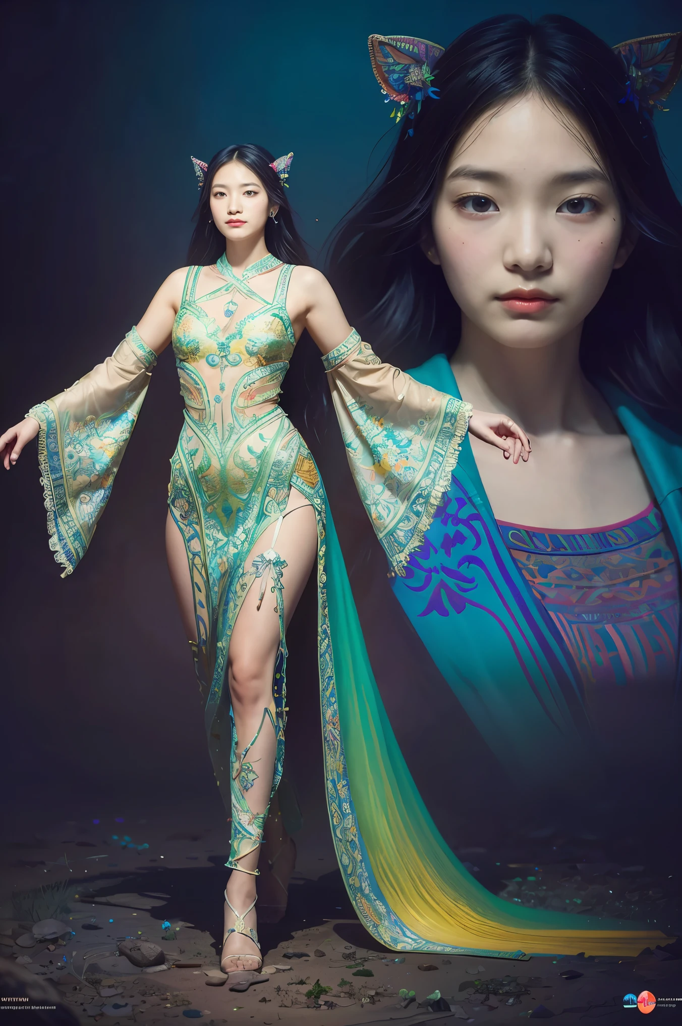 An ancient Chinese beauty, charming temperament, flowing long skirt, clear face, beautiful eyes, osmanthus surrounding, perfect body structure proportional masterpiece, super detailed, epic composition, color tattoo art, new traditional tattoo art, SD tattoo design, color tattoo art, mysterious warm and friendly atmosphere, hyper-realistic painting, super HD, high quality, highest quality, 32k --v 6
