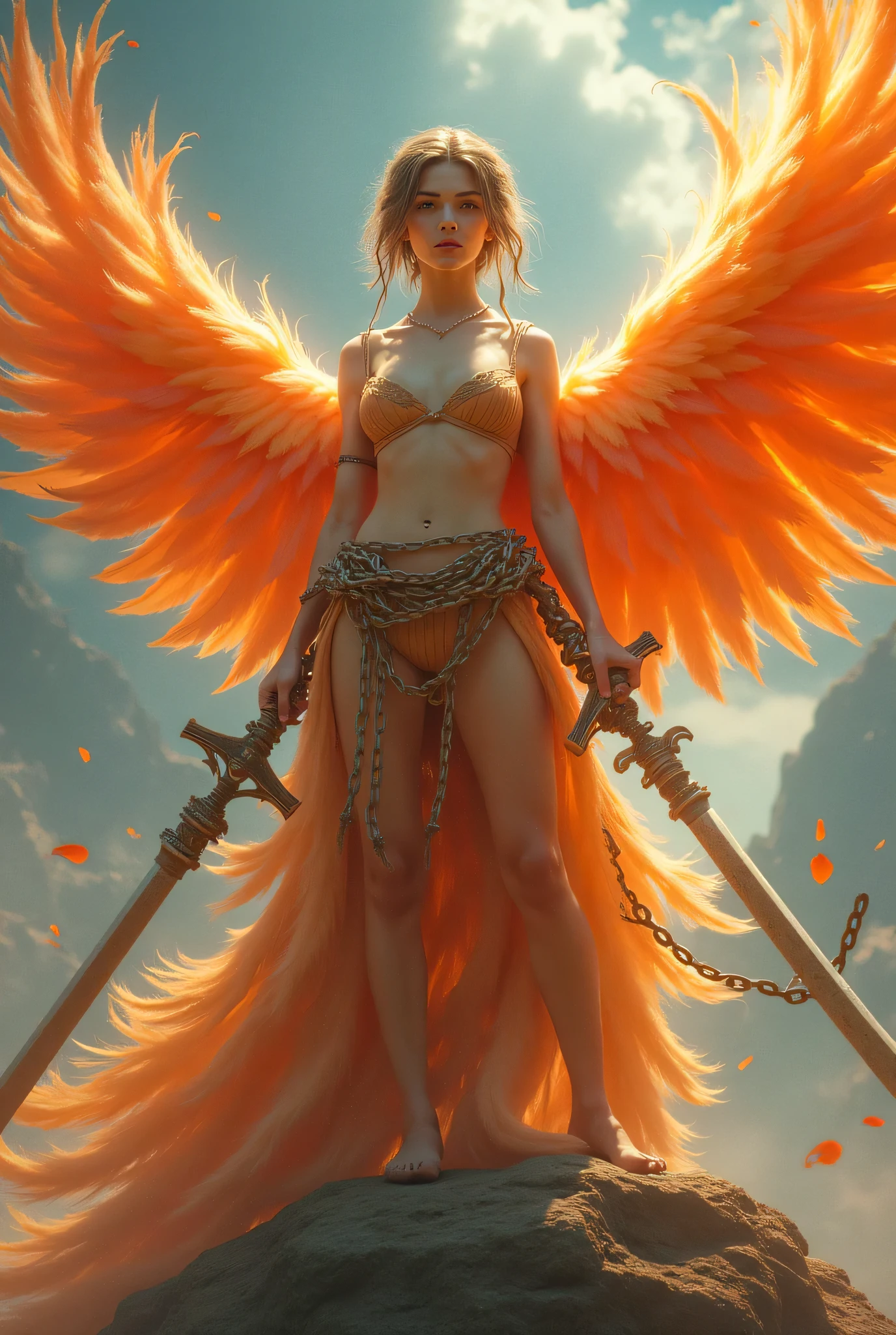 (8k, top quality, Masterpiece), ( is present , photo is present : 1.37), very detailed, one girl , { Phoenix Princess }, Wide angle , Big bouncing breasts , Very delicate depiction , Miniature Paint , short braided hair , correct skeleton, Intricate Patterned Chain Chain , Braided Chain Chain , Equipped with a long, large, feathered sword、 dreamy ,超 is present な混合ファンタジー世界, is present 要素と幻想的要素の組み合わせ ( Swirling Fire with Feathers :1)、 facing the camera 、Secure your body with a chain to a rock