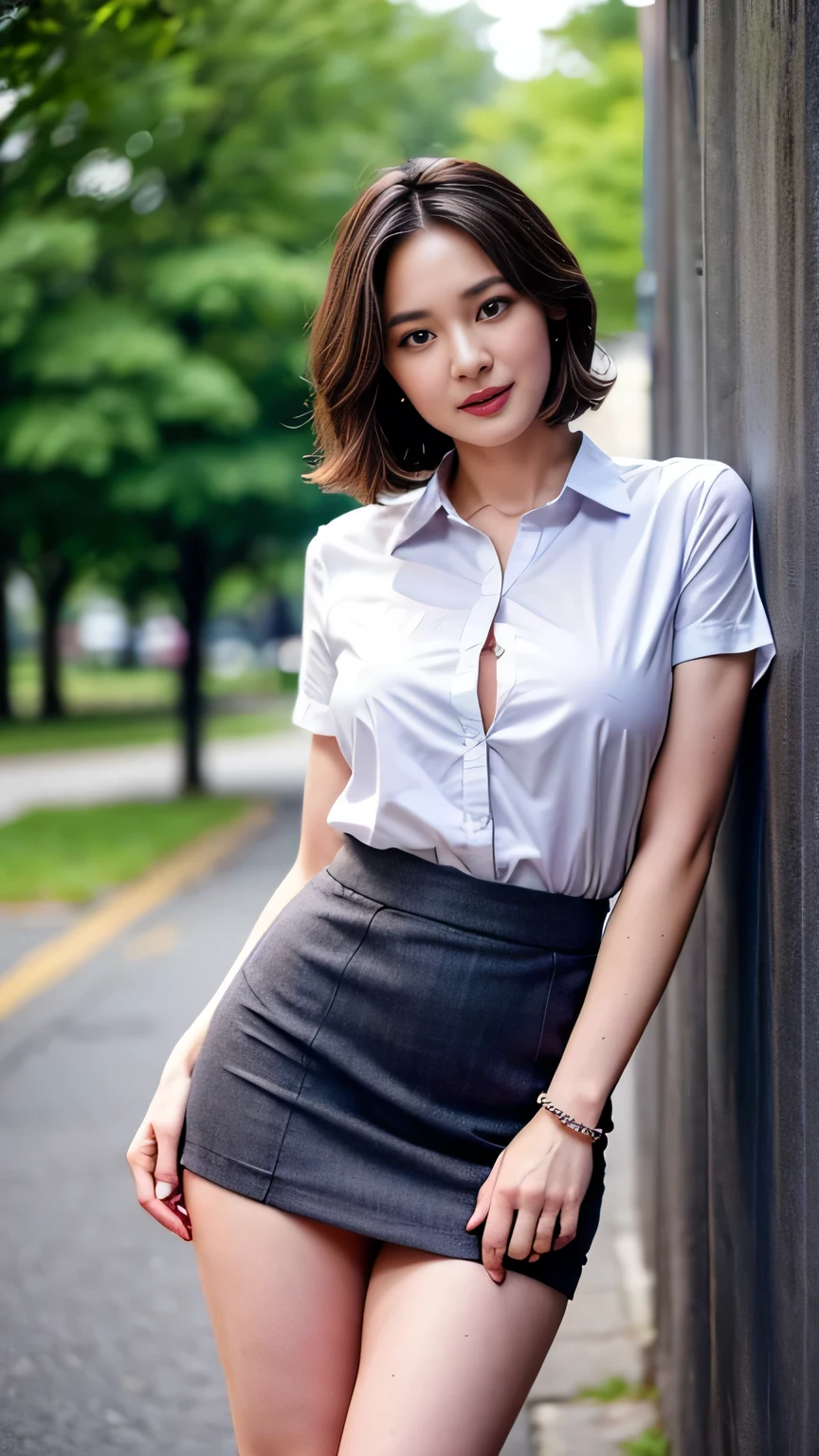 ((highest quality、Ultra-high resolution、8K、masterpiece、Ultra HD))、1 girl 、Delicate face、Detailed eyes and face、double eyelid、Pretty Face、Brown short bob hair、Heavy makeup、Tall and beautiful woman、Long, slender legs、Narrow waist、Mature Woman、Glamorous and sexy woman、Perfect Anatomy、((Collared shirt、Red satin pencil skirt、pantyhose、High heels))、Cleavage、Modern architecture in the background、Detailed Background、Adorable、Smile、Earrings、necklace、bracelet